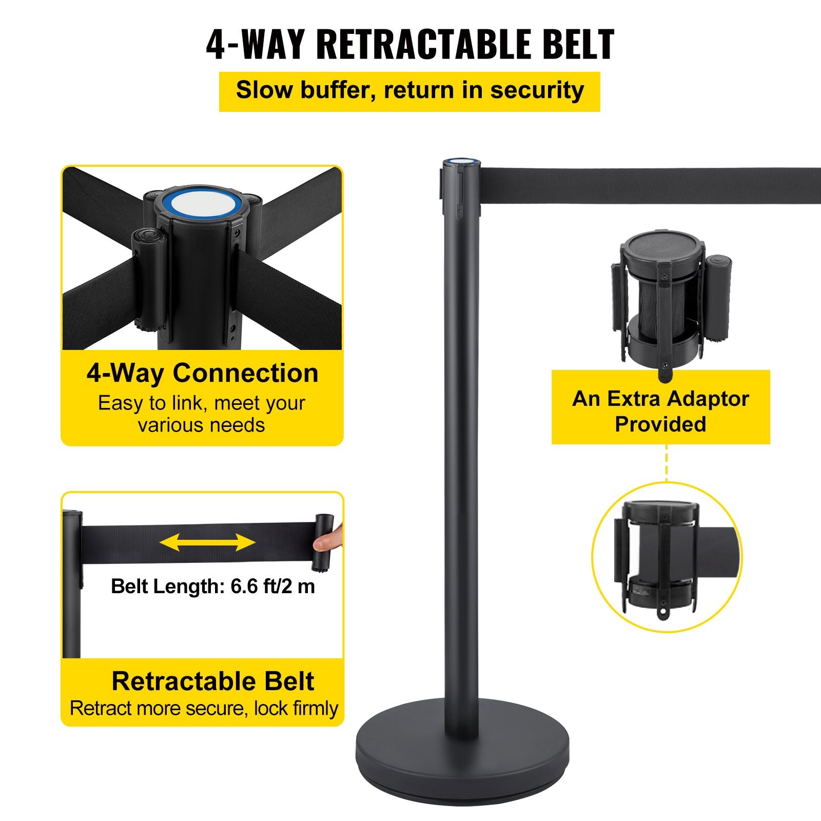 Crowd Control Stanchion, Set of 6 Pieces Stanchion Set, Stanchion Set with 6.6 ft/2 m Black Retractable Belt, Black Crowd Control Barrier with Concrete and Metal Base – Easy Connect Assembly