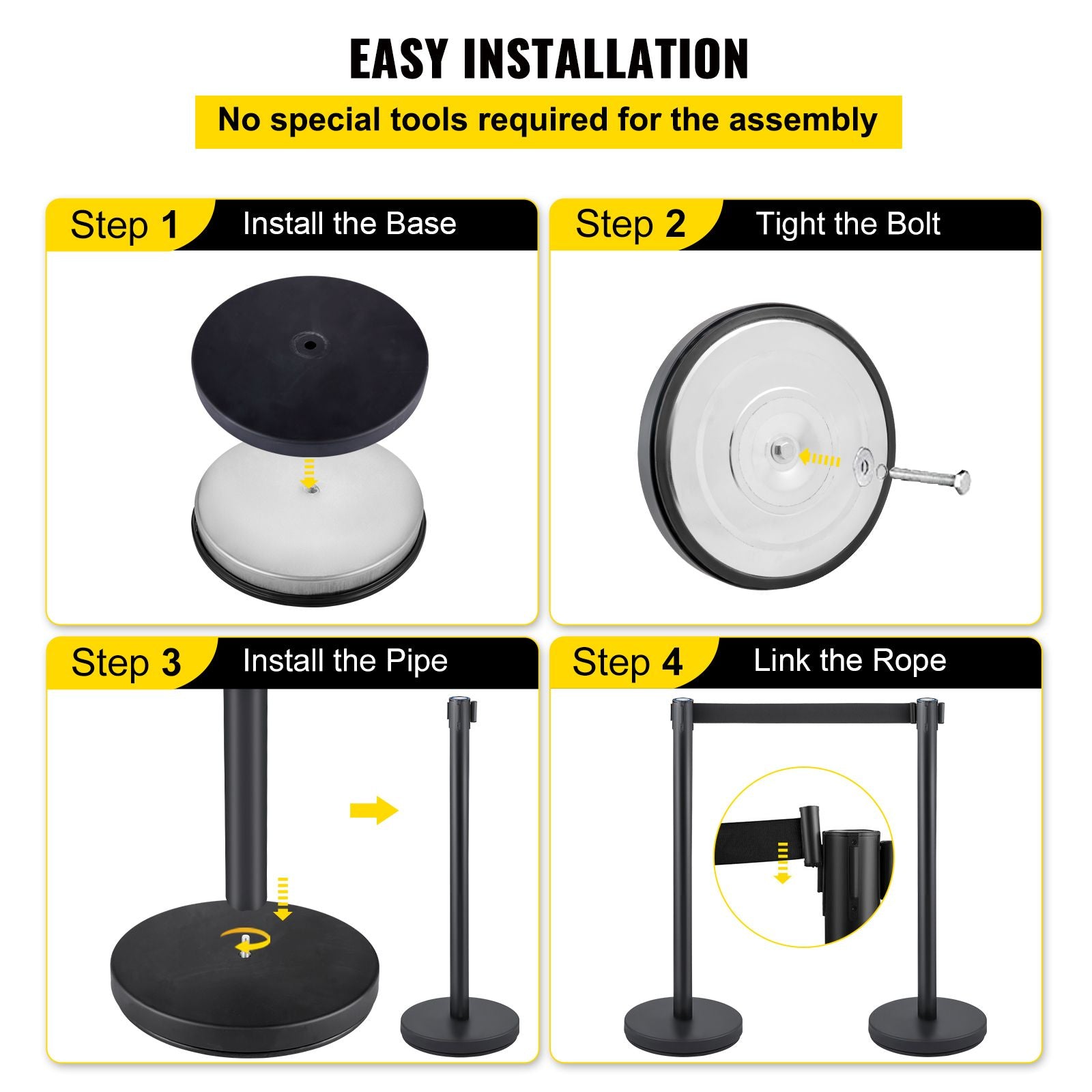Crowd Control Stanchion, Set of 6 Pieces Stanchion Set, Stanchion Set with 6.6 ft/2 m Black Retractable Belt, Black Crowd Control Barrier with Concrete and Metal Base – Easy Connect Assembly