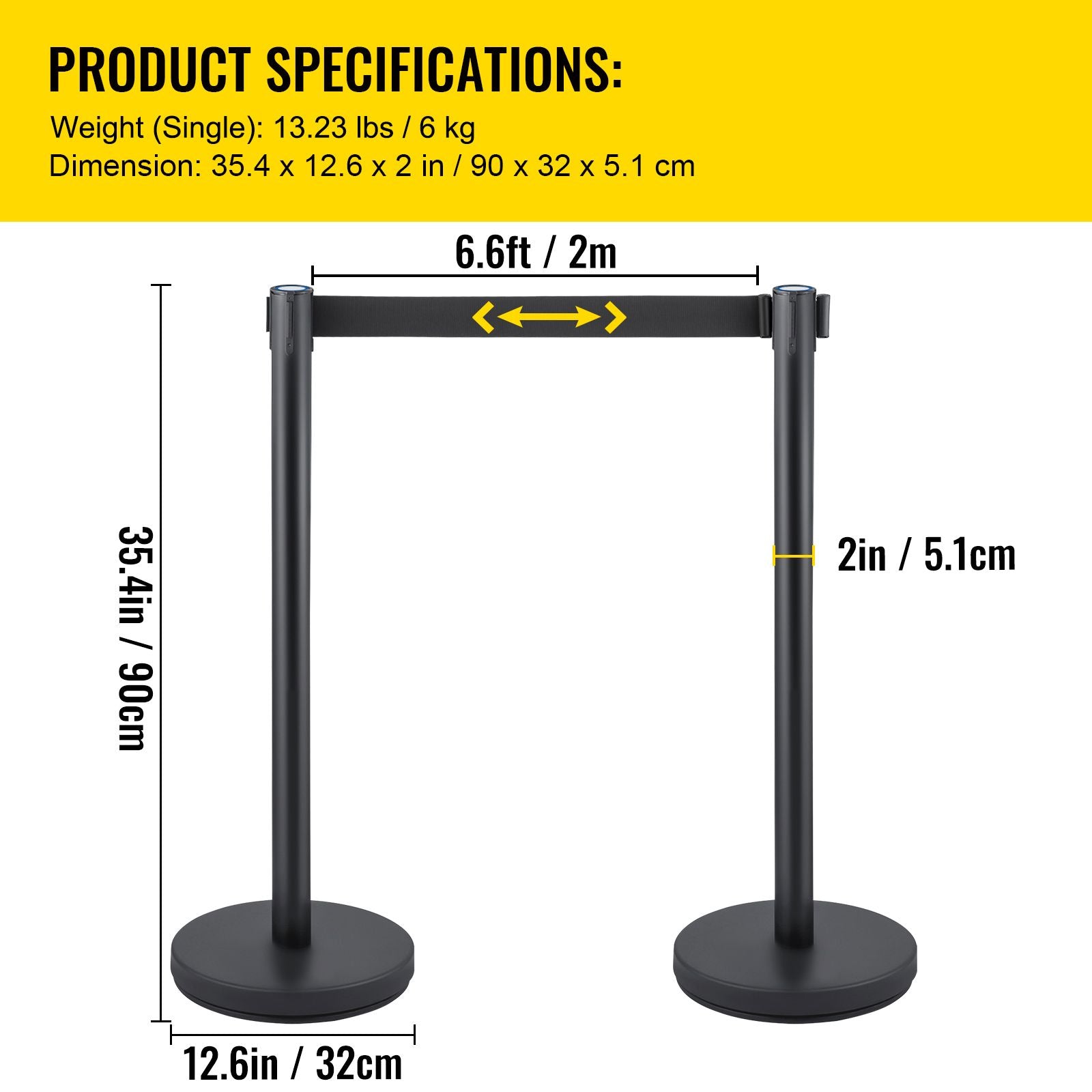 Crowd Control Stanchion, Set of 6 Pieces Stanchion Set, Stanchion Set with 6.6 ft/2 m Black Retractable Belt, Black Crowd Control Barrier with Concrete and Metal Base – Easy Connect Assembly