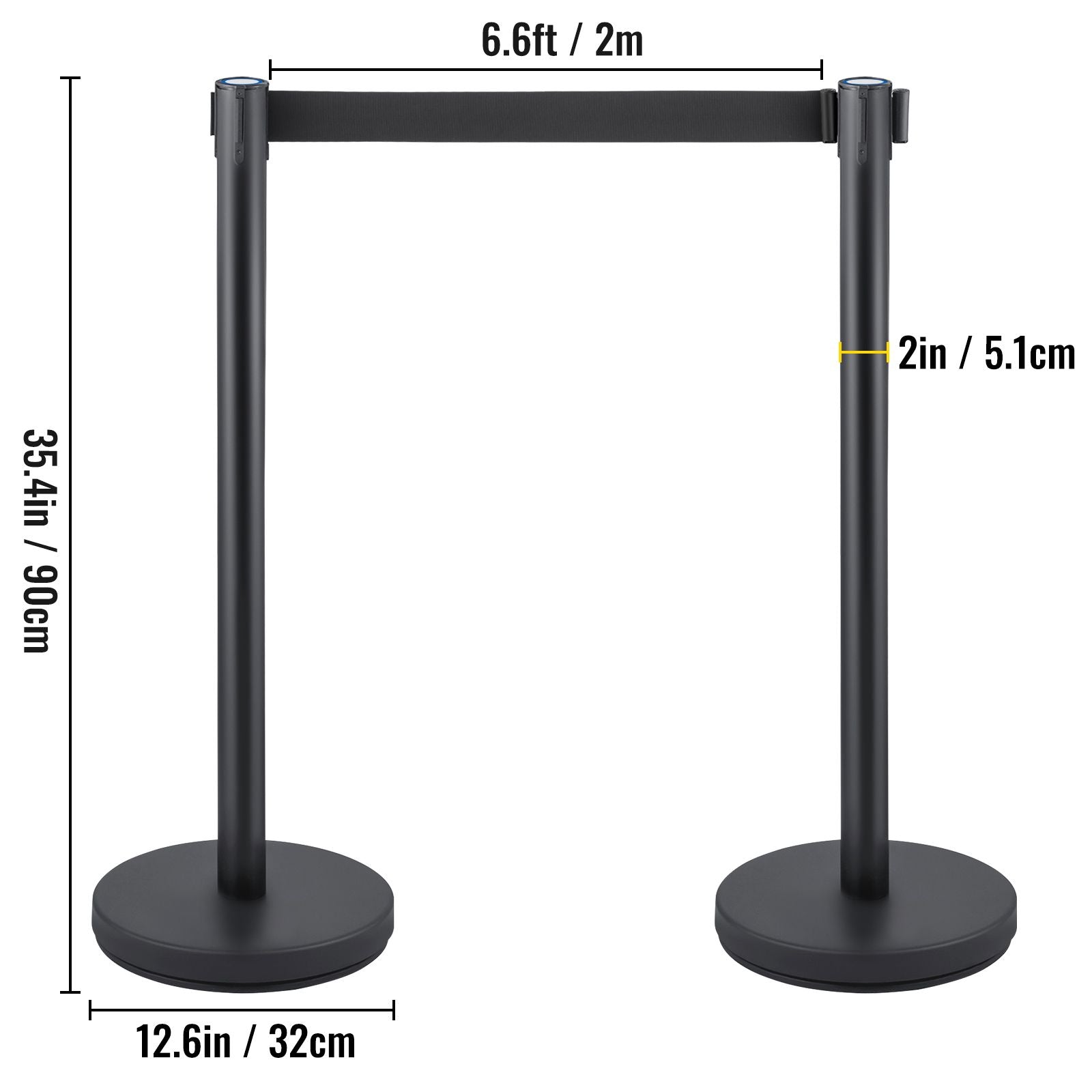 Crowd Control Stanchion, Set of 6 Pieces Stanchion Set, Stanchion Set with 6.6 ft/2 m Black Retractable Belt, Black Crowd Control Barrier with Concrete and Metal Base – Easy Connect Assembly