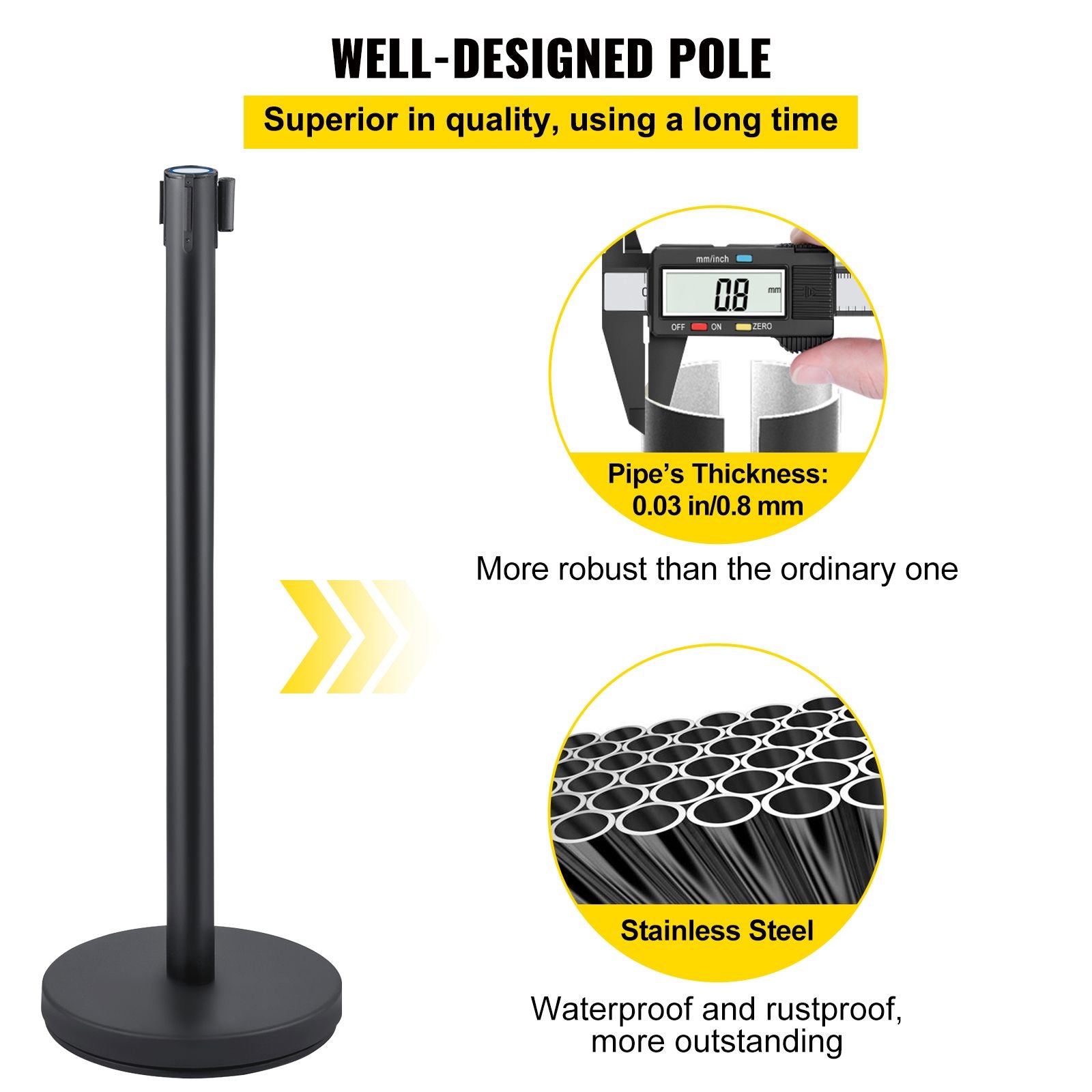 Crowd Control Stanchion, Set of 6 Pieces Stanchion Set, Stanchion Set with 6.6 ft/2 m Red Retractable Belt, Crowd Control Barrier with Rubber Base – Easy Connect Assembly for Crowd Control (Black)
