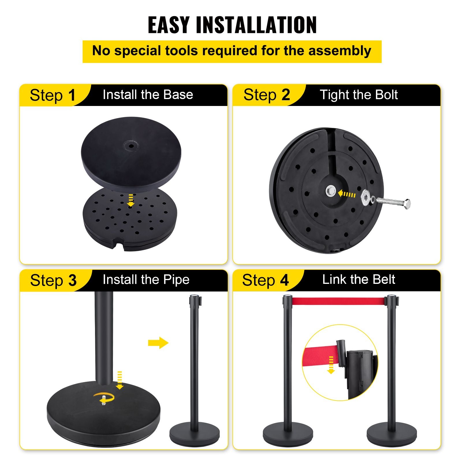 Crowd Control Stanchion, Set of 6 Pieces Stanchion Set, Stanchion Set with 6.6 ft/2 m Red Retractable Belt, Crowd Control Barrier with Rubber Base – Easy Connect Assembly for Crowd Control (Black)