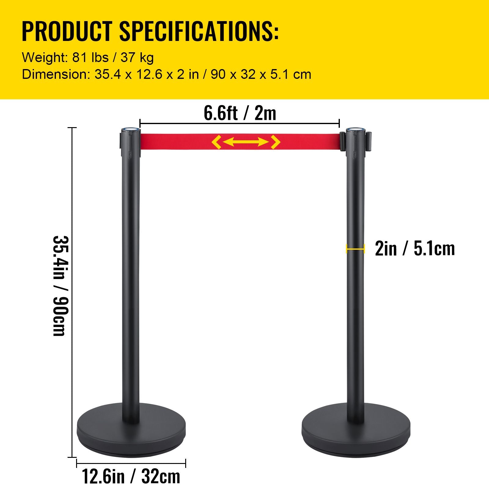 Crowd Control Stanchion, Set of 6 Pieces Stanchion Set, Stanchion Set with 6.6 ft/2 m Red Retractable Belt, Crowd Control Barrier with Rubber Base – Easy Connect Assembly for Crowd Control (Black)