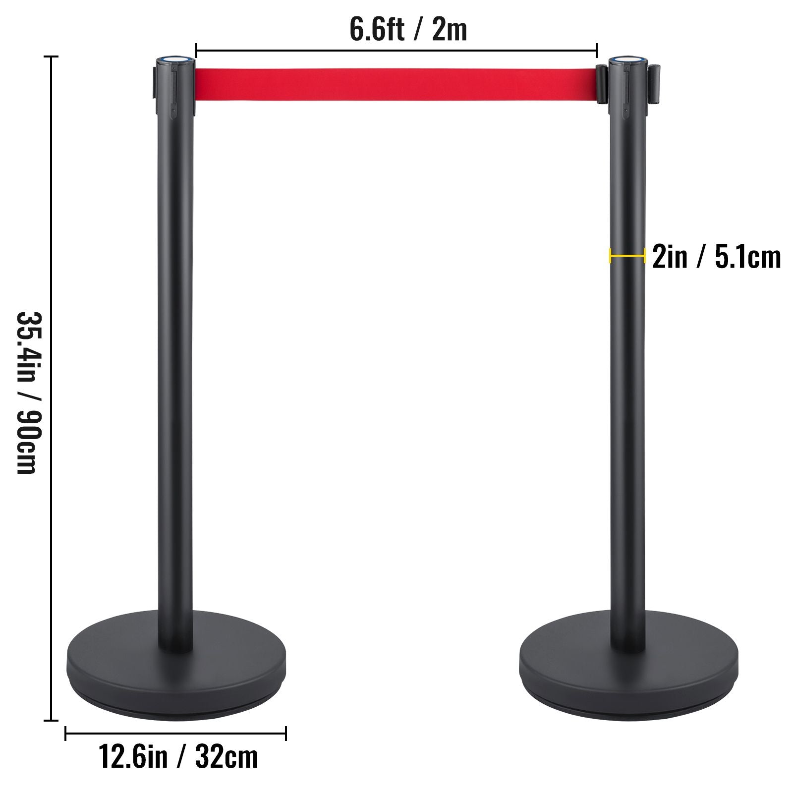 Crowd Control Stanchion, Set of 6 Pieces Stanchion Set, Stanchion Set with 6.6 ft/2 m Red Retractable Belt, Crowd Control Barrier with Rubber Base – Easy Connect Assembly for Crowd Control (Black)