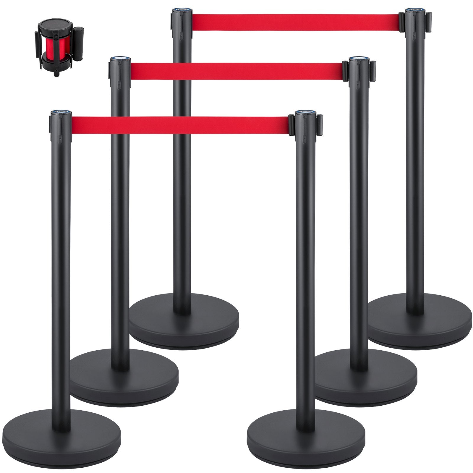 Crowd Control Stanchion, Set of 6 Pieces Stanchion Set, Stanchion Set with 6.6 ft/2 m Red Retractable Belt, Crowd Control Barrier with Rubber Base – Easy Connect Assembly for Crowd Control (Black)