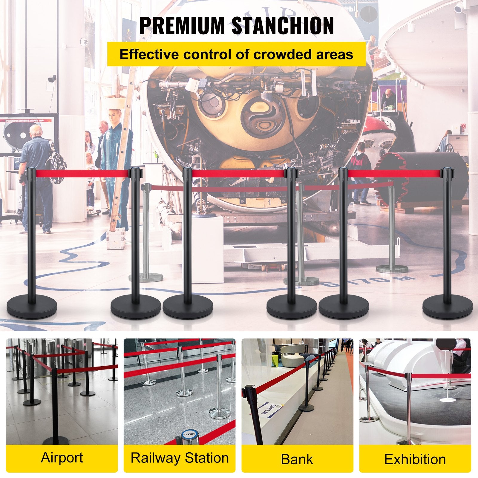 Crowd Control Stanchion, Set of 6 Pieces Stanchion Set, Stanchion Set with 6.6 ft/2 m Red Retractable Belt, Crowd Control Barrier with Rubber Base – Easy Connect Assembly for Crowd Control (Black)