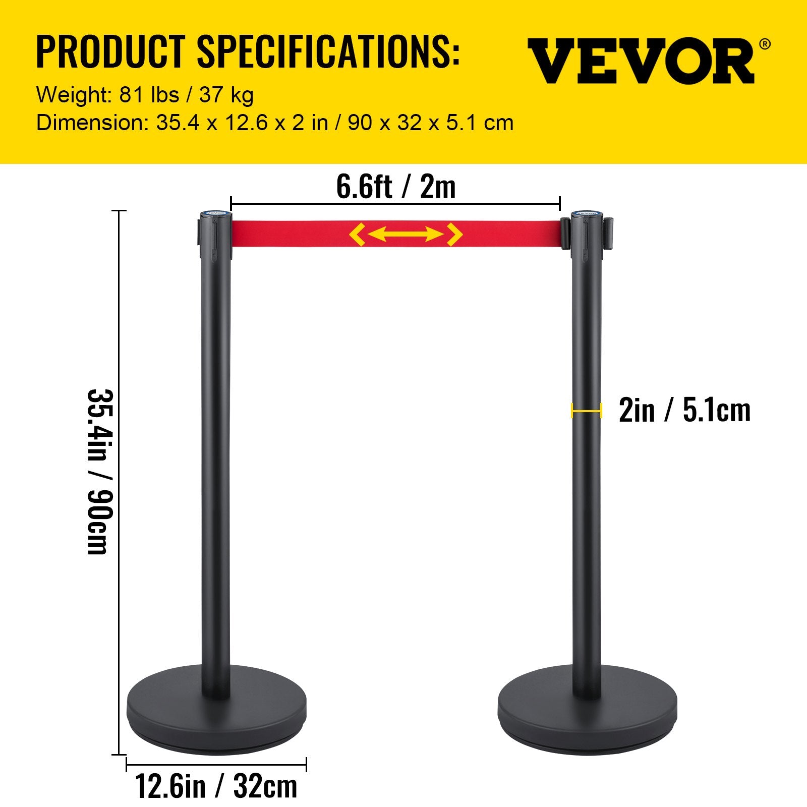 Crowd Control Stanchion, Set of 6 Pieces Stanchion Set, Stanchion Set with 6.6 ft/2 m Red Retractable Belt, Crowd Control Barrier with Rubber Base – Easy Connect Assembly for Crowd Control (Black)
