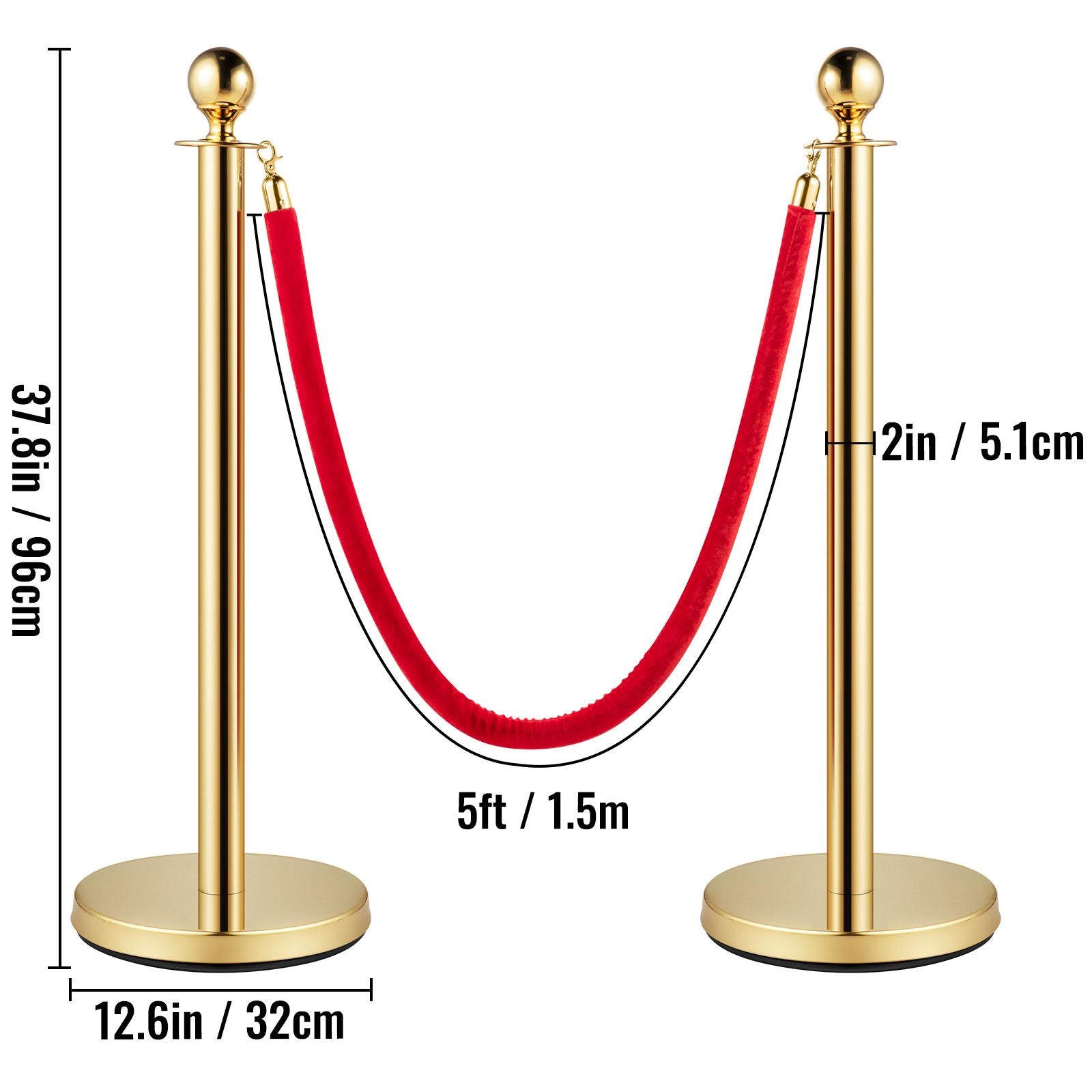 4PCS Gold Stanchion Posts Queue, 38 Inch Red Velvet Rope, Crowd Control Barriers Queue Line Rope, Barriers for Party Supplies