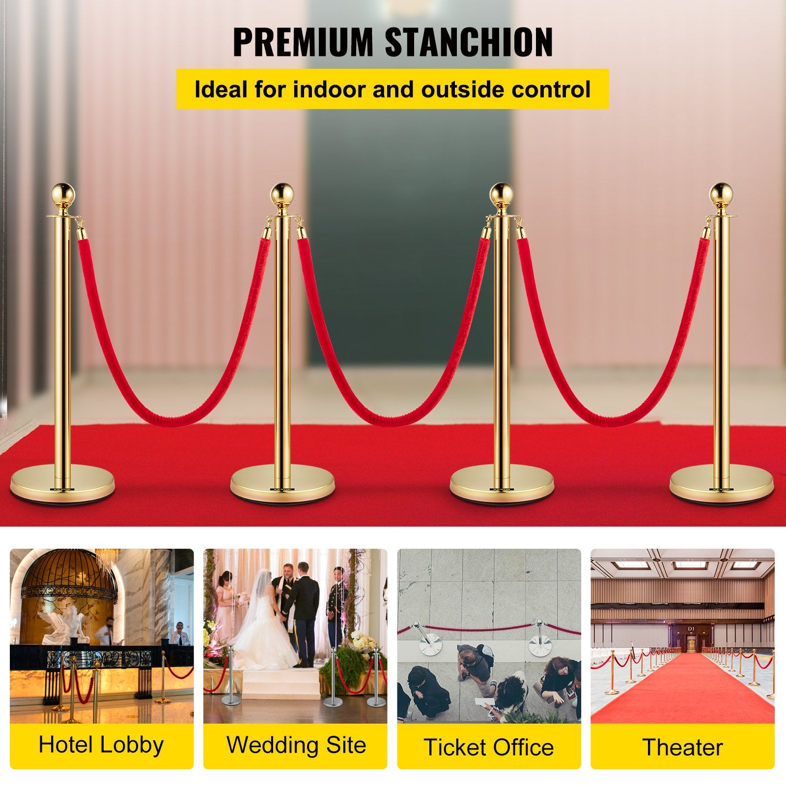 4PCS Gold Stanchion Posts Queue, 38 Inch Red Velvet Rope, Crowd Control Barriers Queue Line Rope, Barriers for Party Supplies