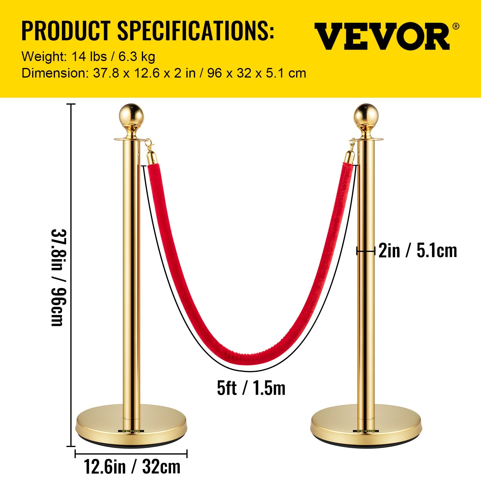 4PCS Gold Stanchion Posts Queue, 38 Inch Red Velvet Rope, Crowd Control Barriers Queue Line Rope, Barriers for Party Supplies
