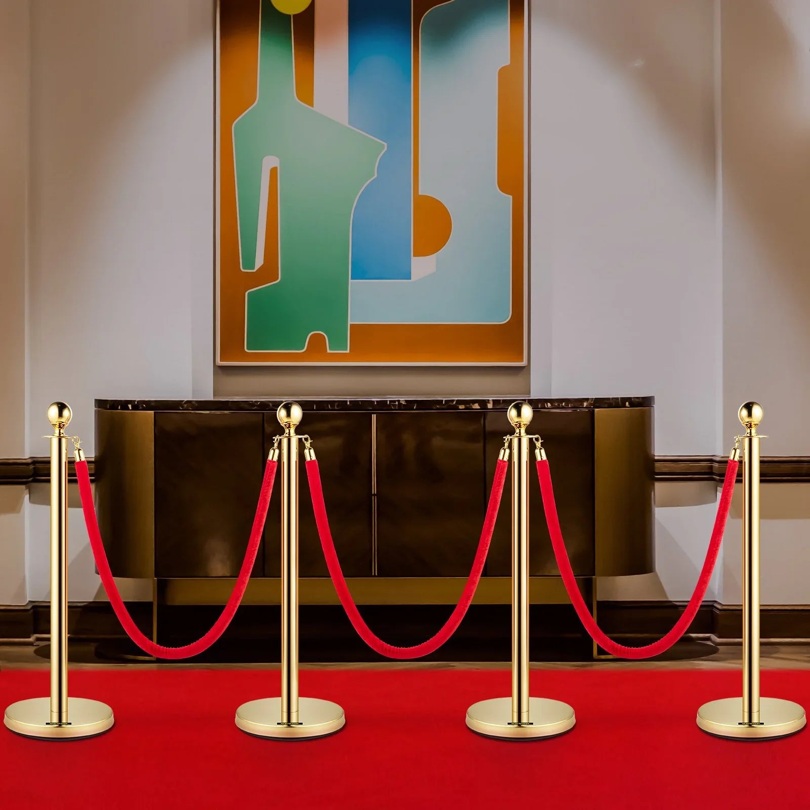 4PCS Gold Stanchion Posts Queue, 38 Inch Red Velvet Rope, Crowd Control Barriers Queue Line Rope, Barriers for Party Supplies