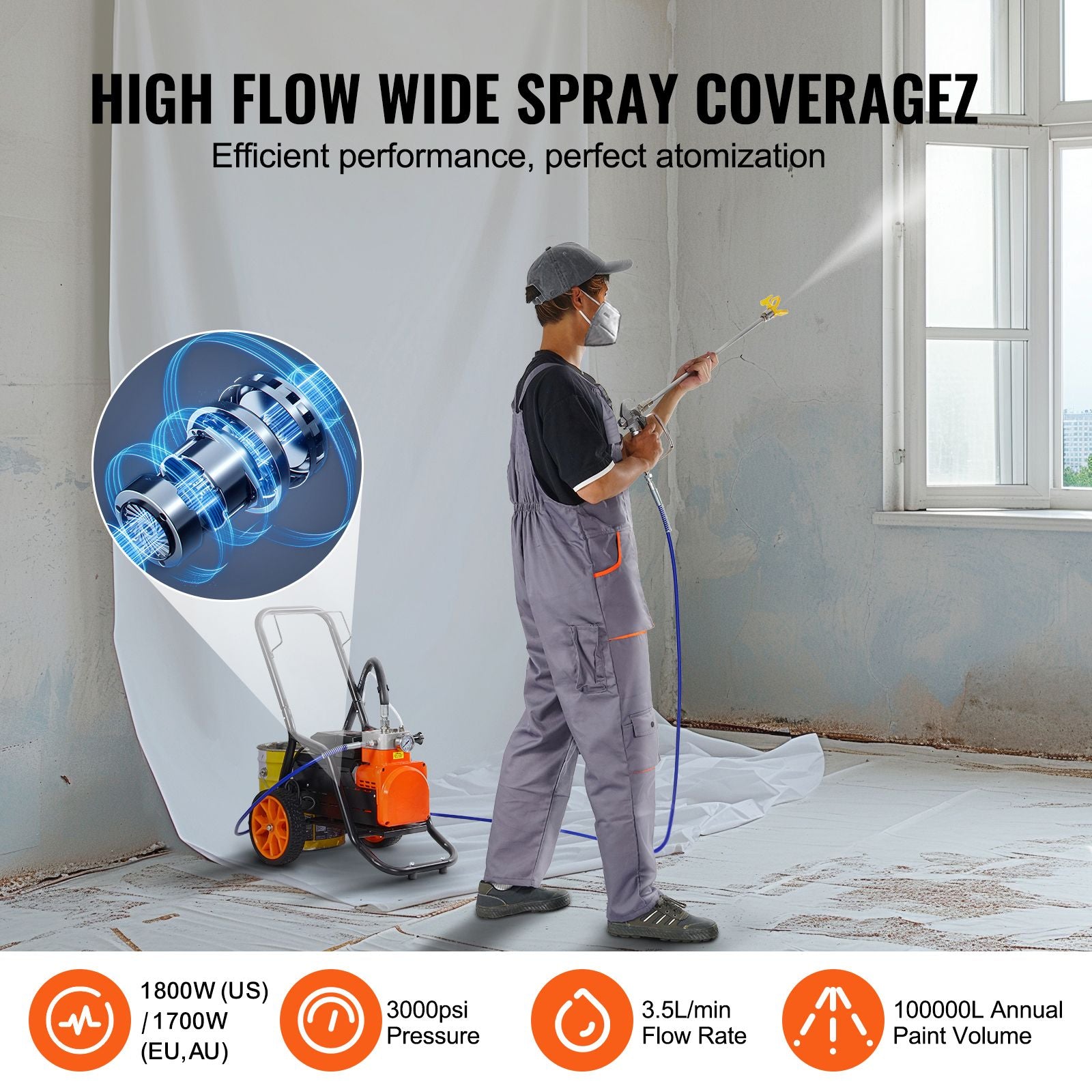Cart Airless Paint Sprayer Diaphragm Paint Airless Sprayer 1700W Electric