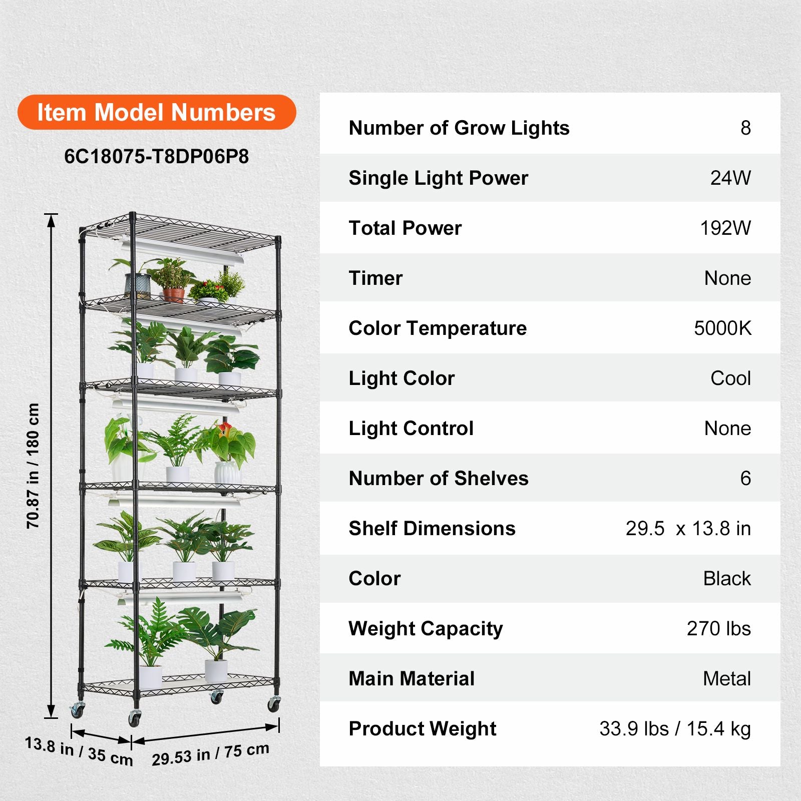 DIY Plant Stand with Grow Lights 6 Tiers 192W 70.9