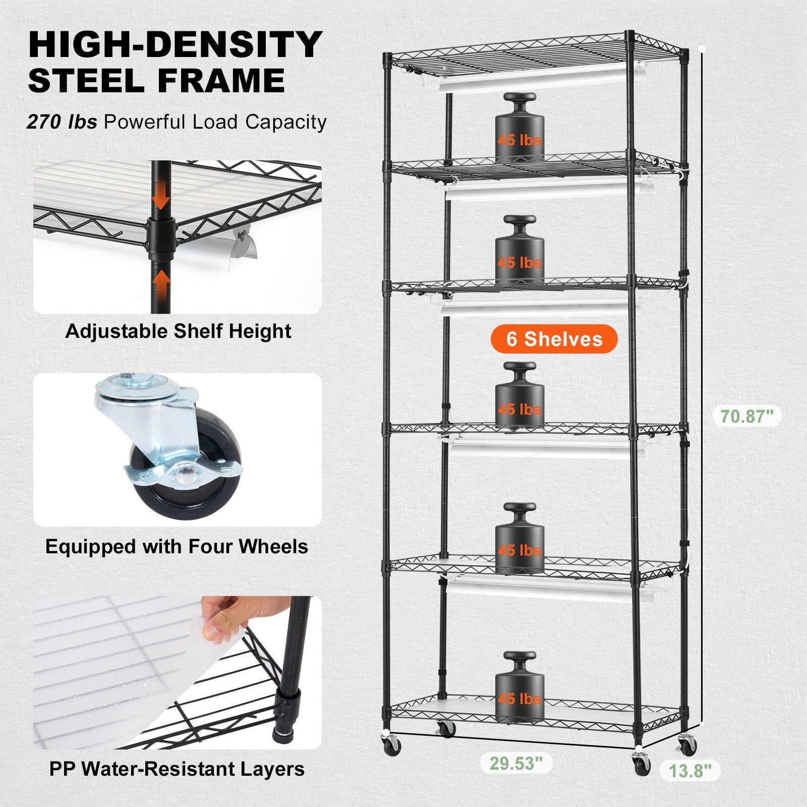 VEVOR DIY Plant Stand with Grow Lights 6 Tiers 192W 70.9