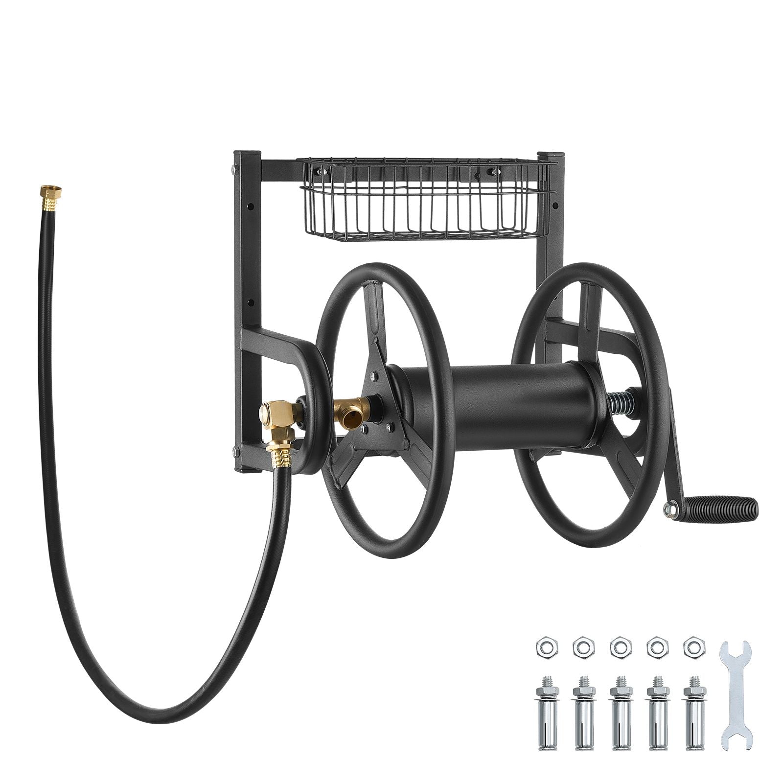 Wall Mounted Garden Hose Reel 125ft 5/8 in Metal Hose Reel with Basket