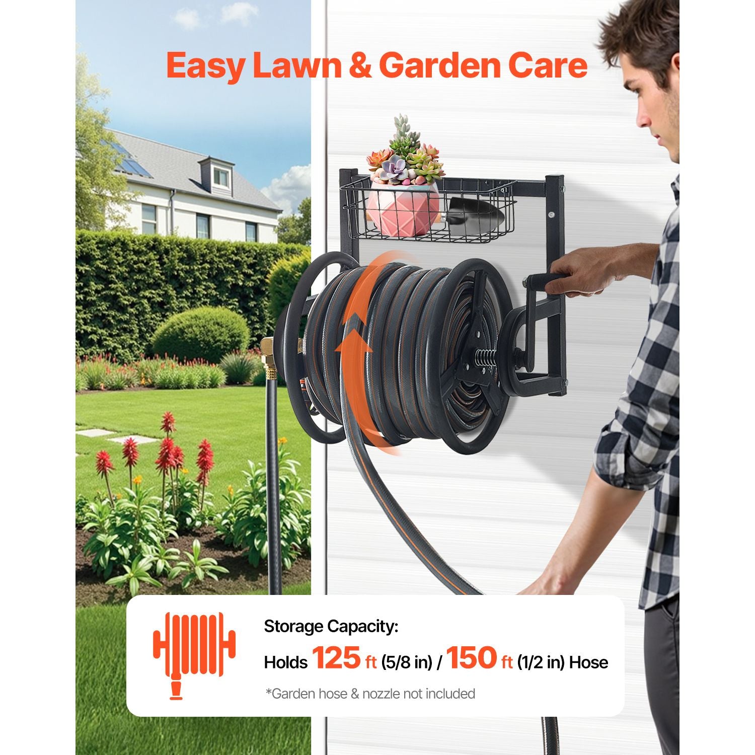 Wall Mounted Garden Hose Reel 125ft 5/8 in Metal Hose Reel with Basket