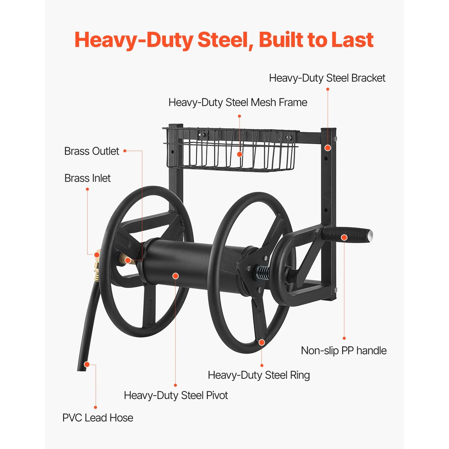 Wall Mounted Garden Hose Reel 125ft 5/8 in Metal Hose Reel with Basket