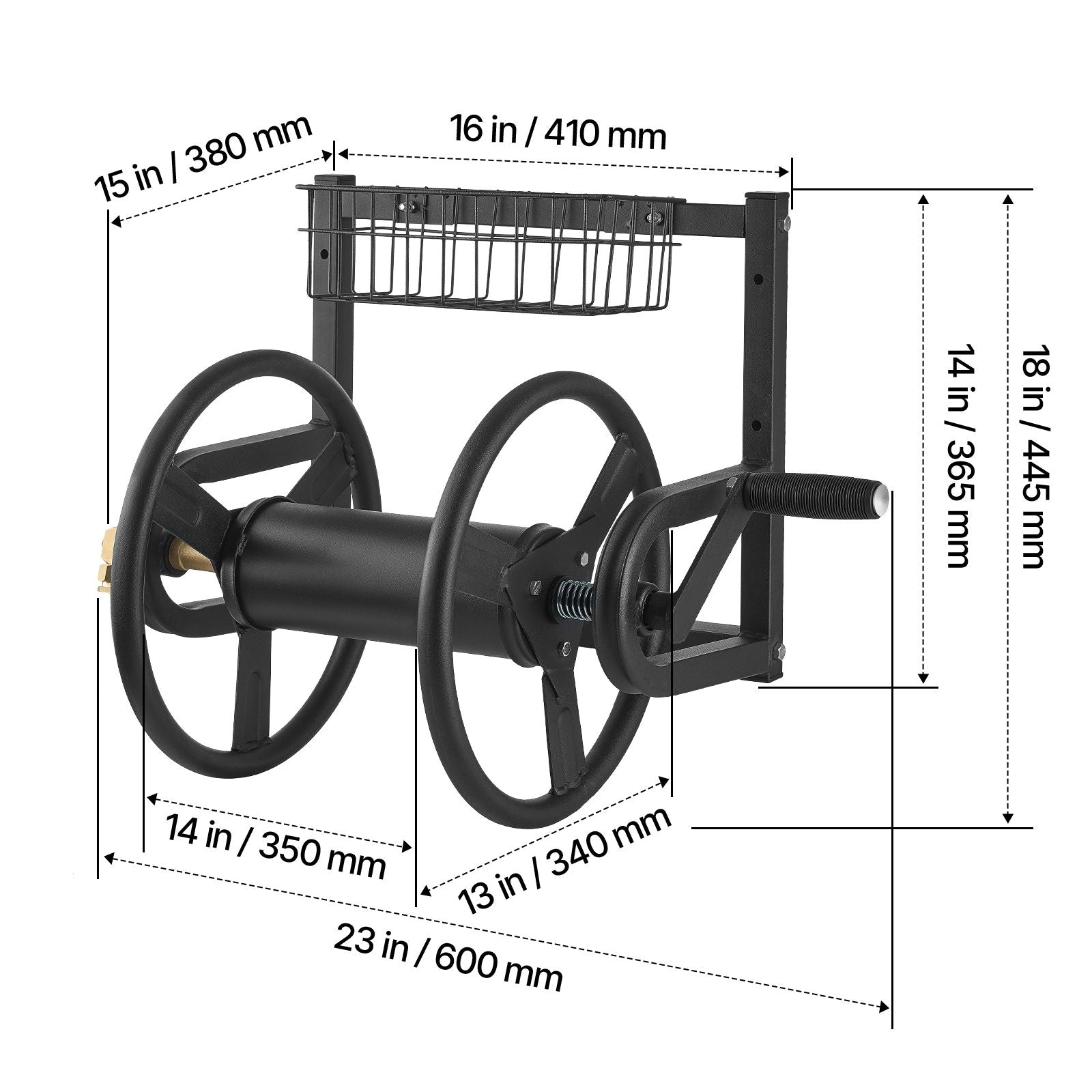 Wall Mounted Garden Hose Reel 125ft 5/8 in Metal Hose Reel with Basket