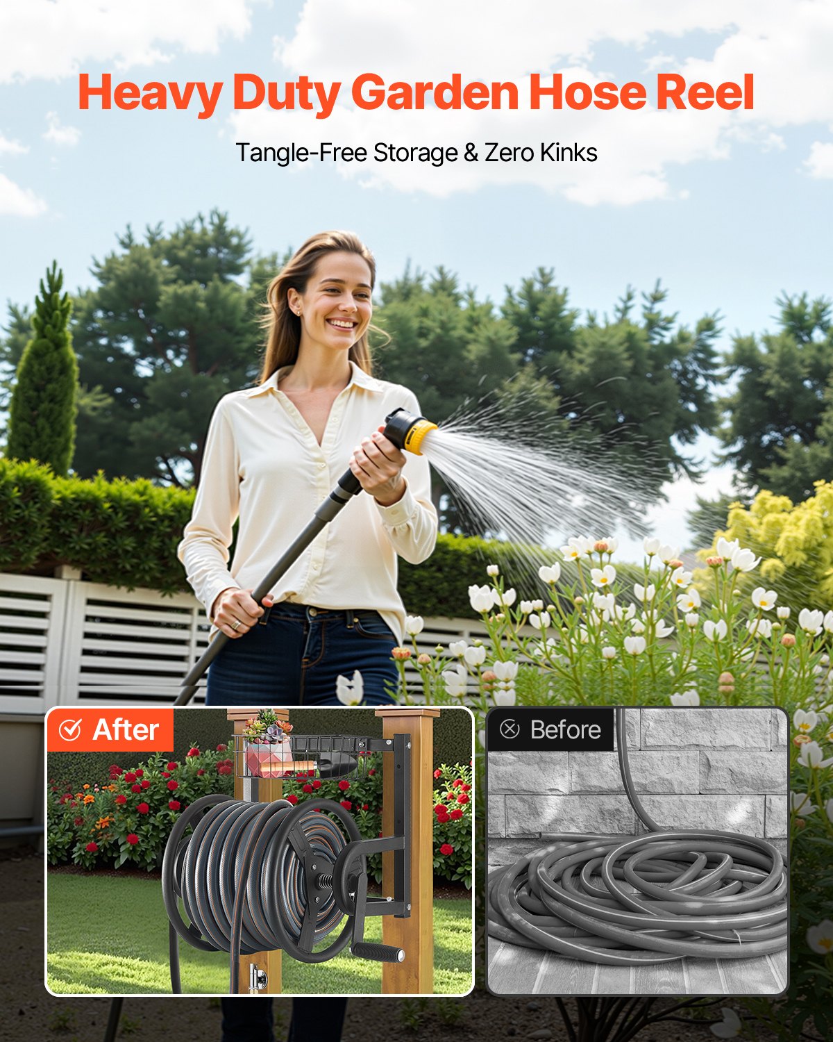 Wall Mounted Garden Hose Reel 125ft 5/8 in Metal Hose Reel with Basket