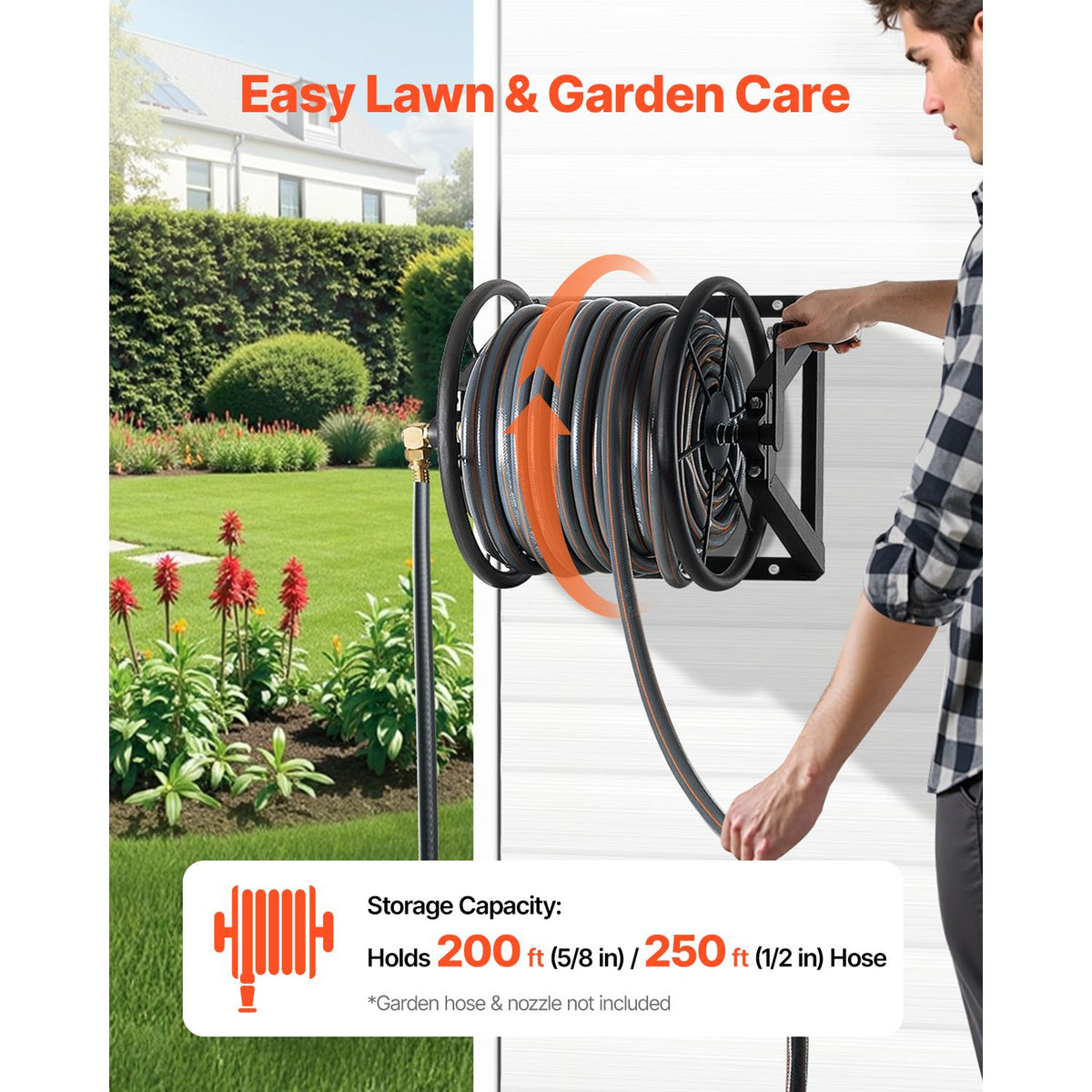 Wall Mounted Garden Hose Reel, Holds 60m 5/8