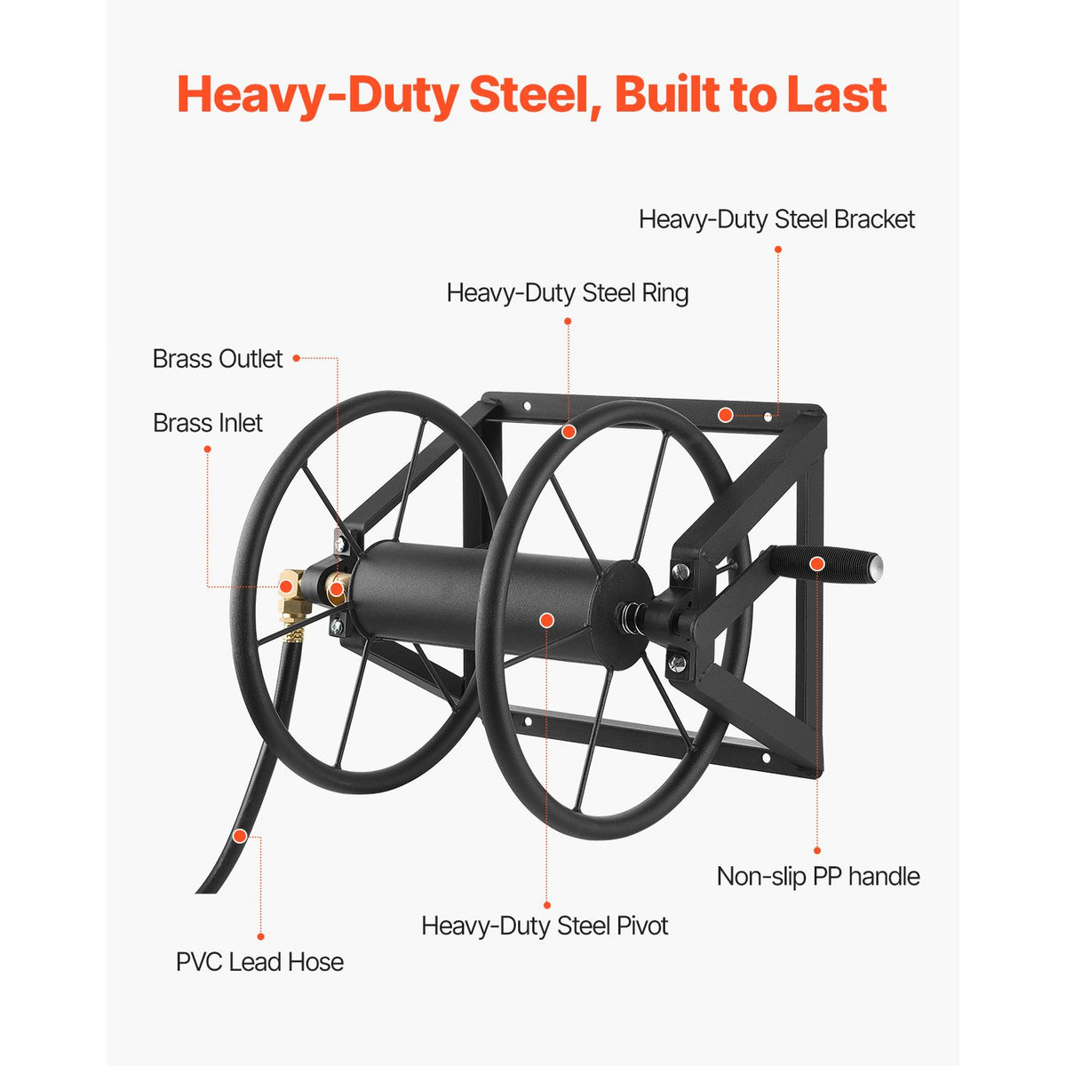 Wall Mounted Garden Hose Reel, Holds 60m 5/8