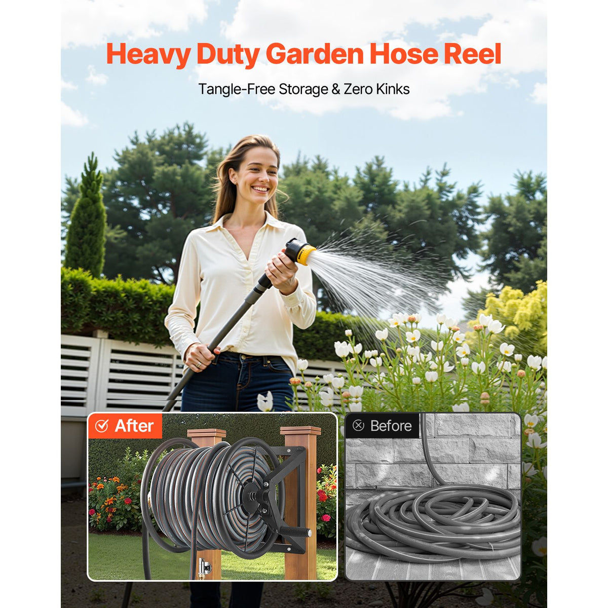 Wall Mounted Garden Hose Reel, Holds 60m 5/8