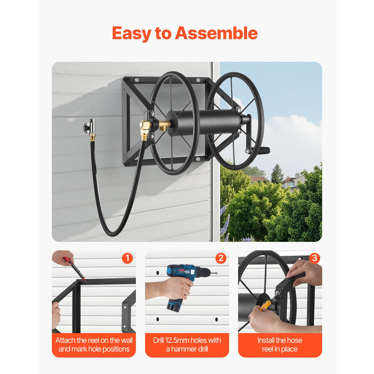 Wall Mounted Garden Hose Reel, Holds 60m 5/8