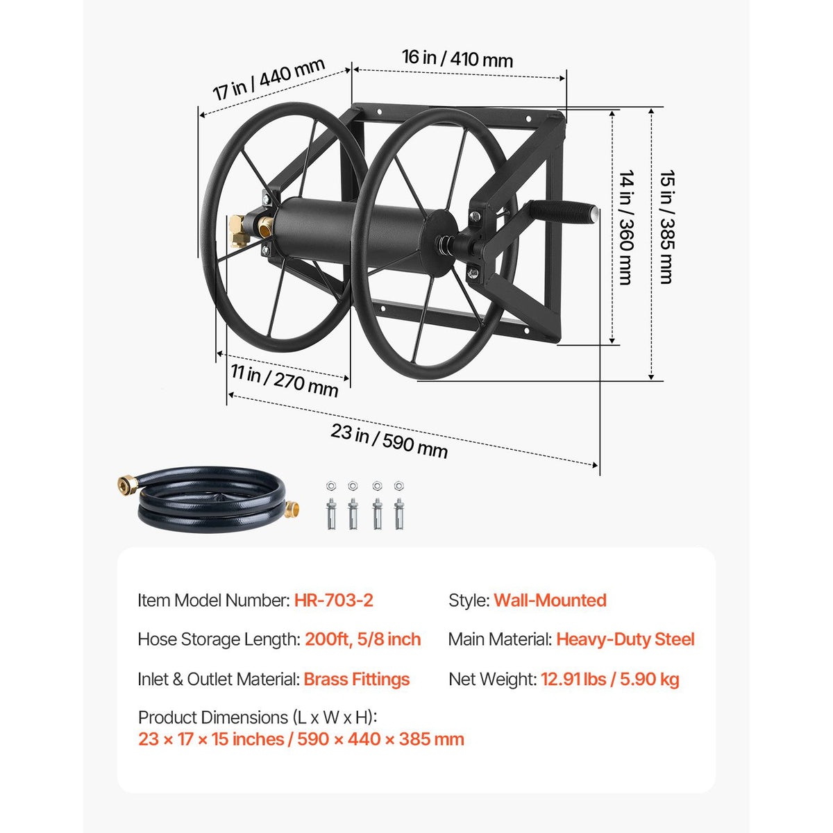 Wall Mounted Garden Hose Reel, Holds 60m 5/8