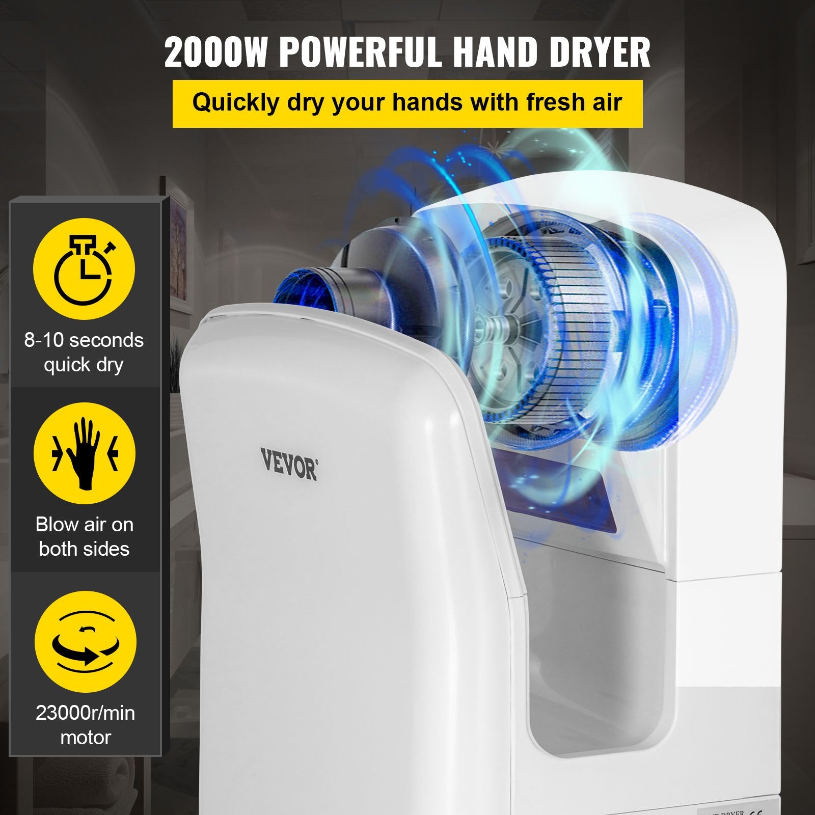 Jet Hand Dryer Blade Hand Dryer Automatic High Speed for Washroom White