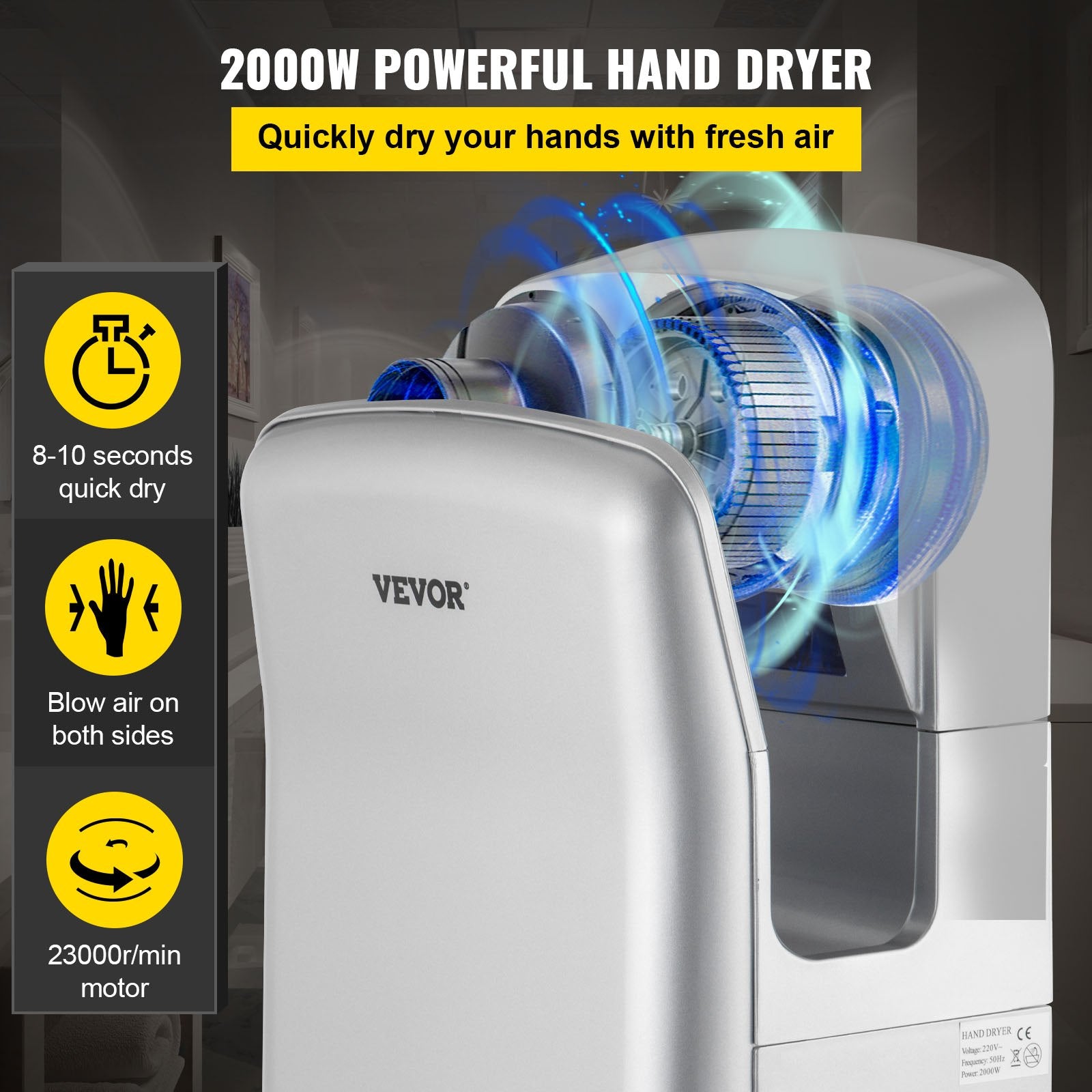 Jet Hand Dryer Blade Hand Dryer Automatic High Speed for Washroom Silver