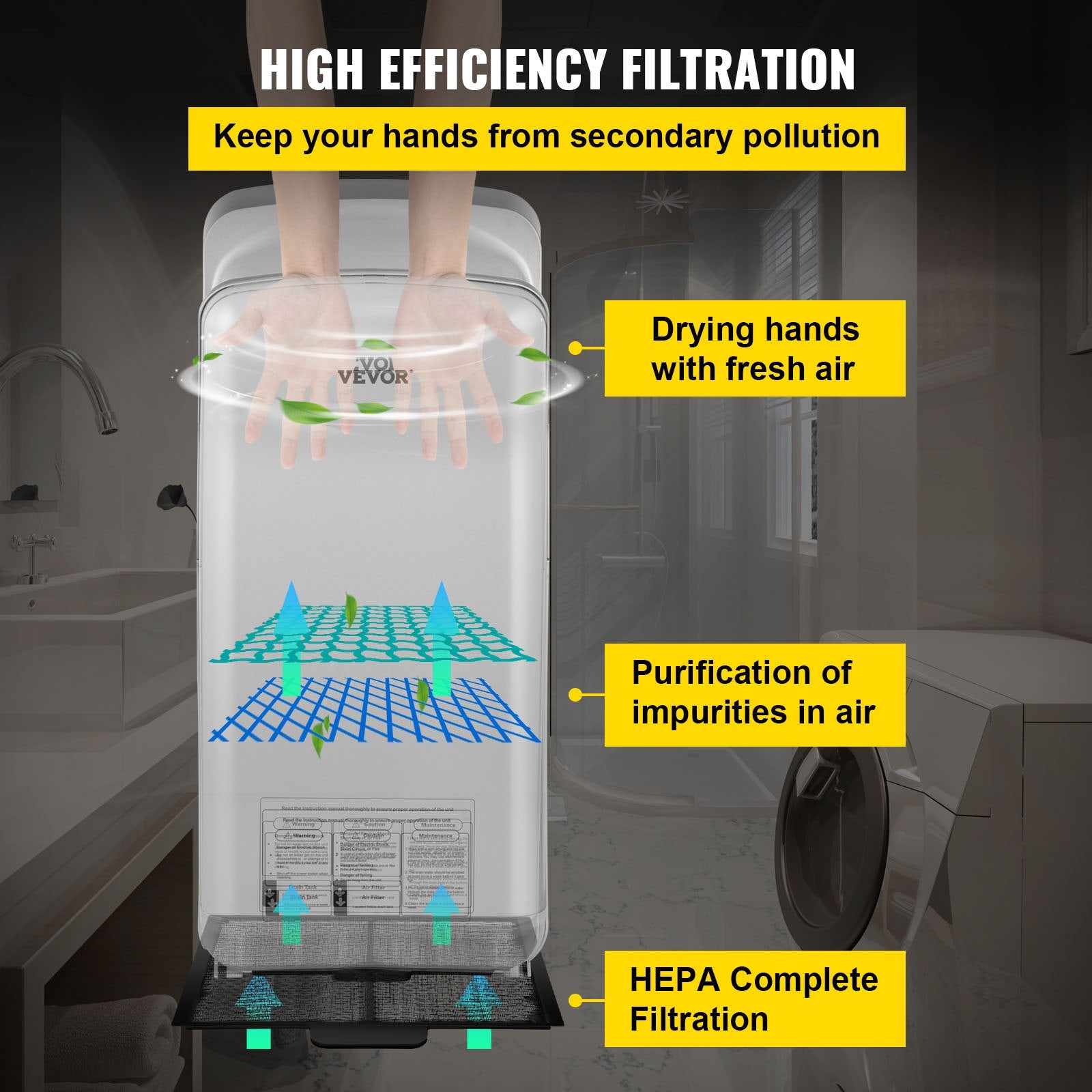 Jet Hand Dryer Blade Hand Dryer Automatic High Speed for Washroom Silver