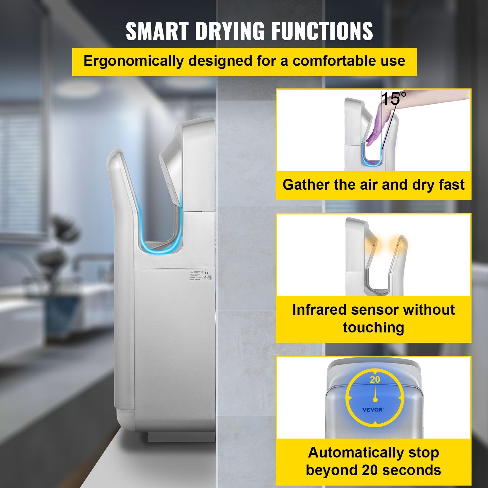 Jet Hand Dryer Blade Hand Dryer Automatic High Speed for Washroom Silver