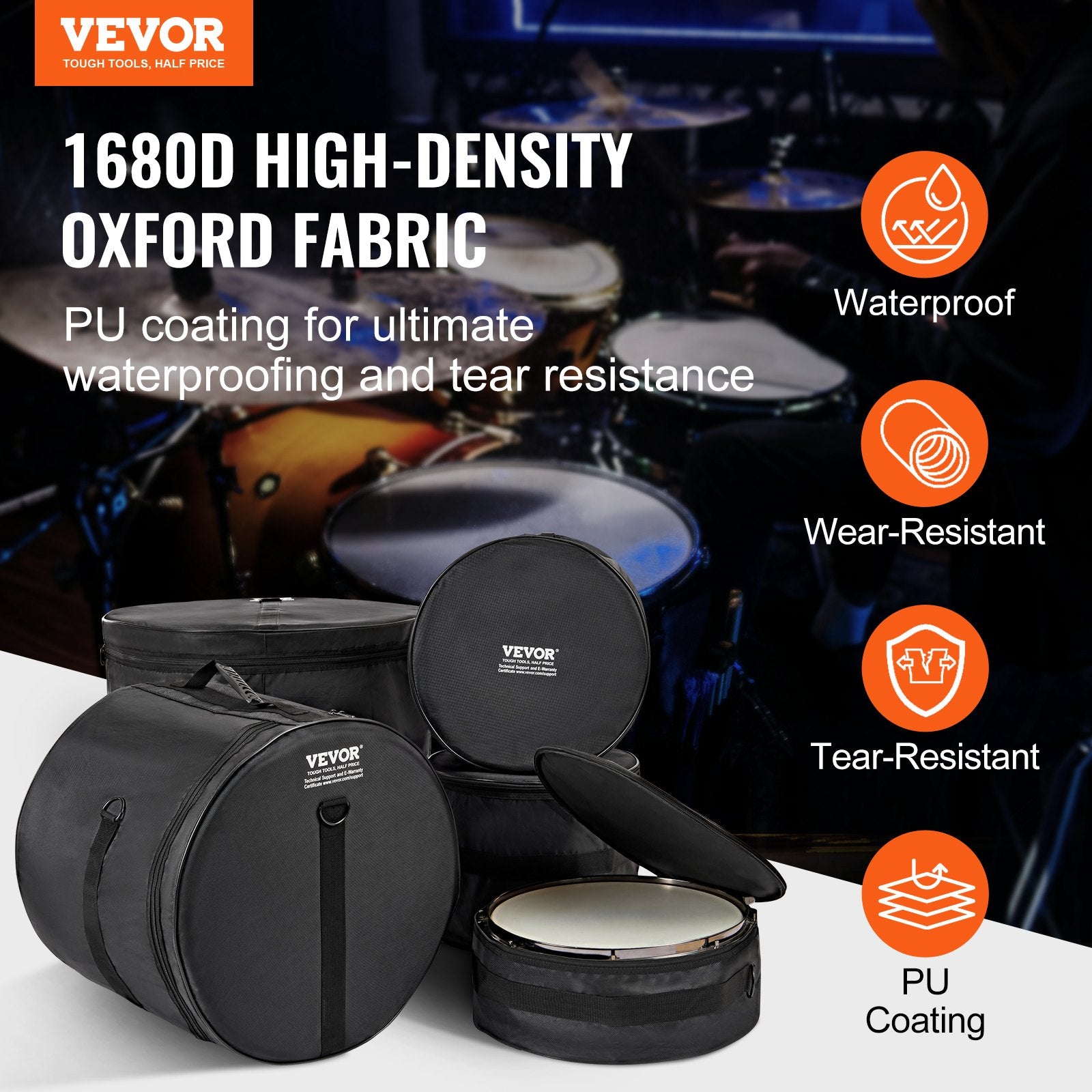 5-Piece Drum Bag Set, 1680D Oxford Fabric, Padded Drum Bags and Cases with 4.92 ft Detachable Shoulder Strap Carry Handles Foldable Design, for 55cm Kick 30cm Tom 33cm Tom 40cm Tom 35cm Snare