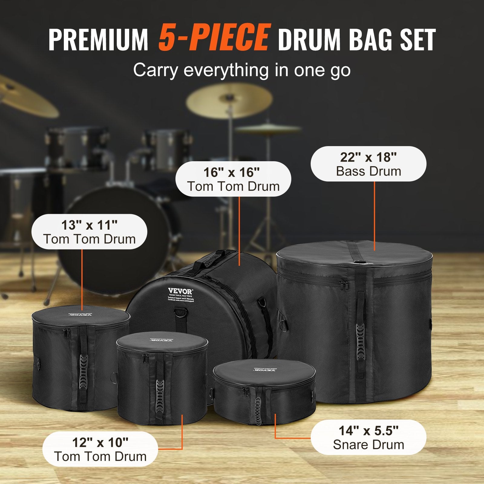 5-Piece Drum Bag Set, 1680D Oxford Fabric, Padded Drum Bags and Cases with 4.92 ft Detachable Shoulder Strap Carry Handles Foldable Design, for 55cm Kick 30cm Tom 33cm Tom 40cm Tom 35cm Snare