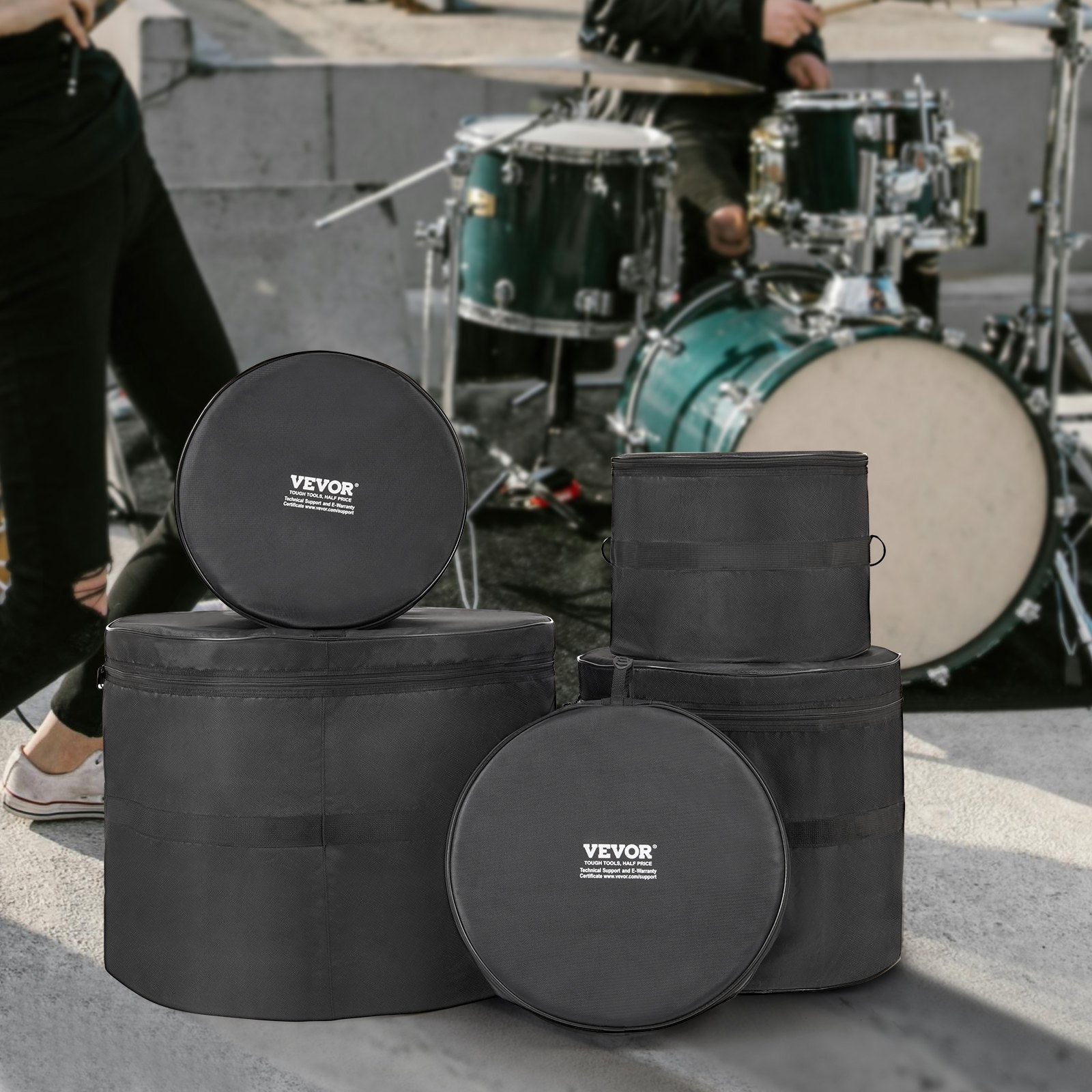 5-Piece Drum Bag Set, 1680D Oxford Fabric, Padded Drum Bags and Cases with 4.92 ft Detachable Shoulder Strap Carry Handles Foldable Design, for 55cm Kick 30cm Tom 33cm Tom 40cm Tom 35cm Snare