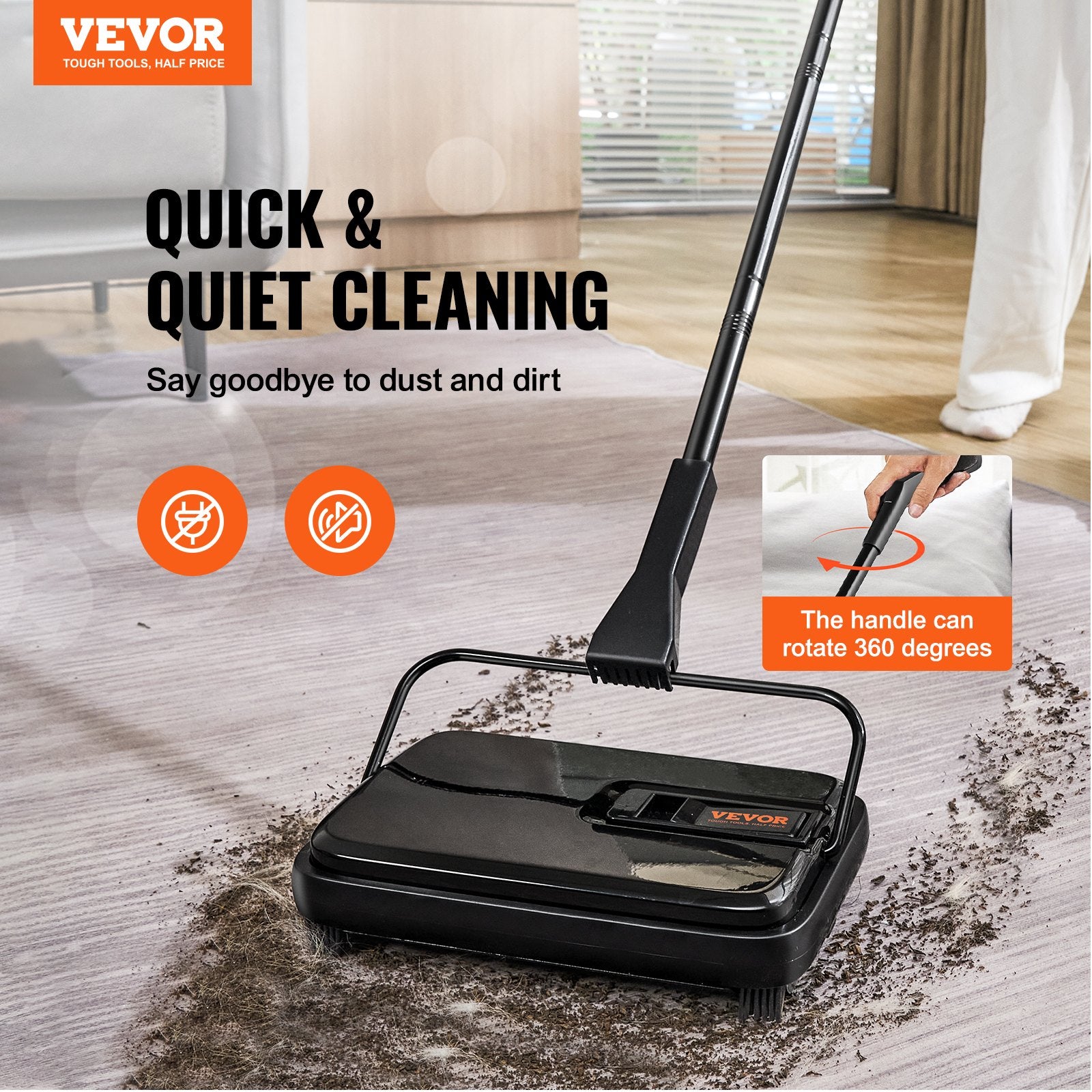 Carpet Sweeper, 200 mm Sweeping Paths, Floor Sweeper Manual Non Electric, 300 ml Dustbin Capacity with Comb for Home Office Rugs Hardwood Surfaces Wood Floors Laminate, Cleans Dust Pet Hair