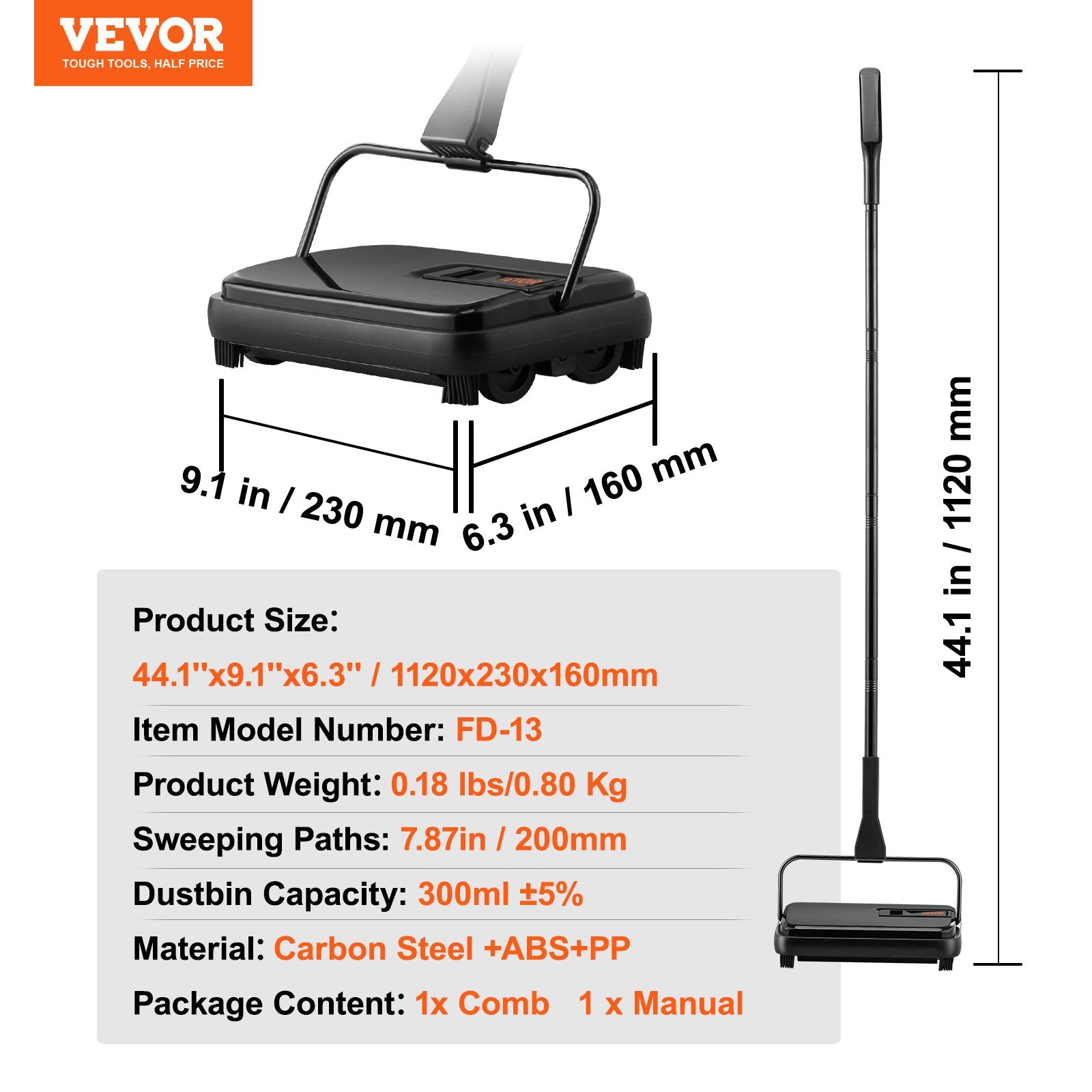 Carpet Sweeper, 200 mm Sweeping Paths, Floor Sweeper Manual Non Electric, 300 ml Dustbin Capacity with Comb for Home Office Rugs Hardwood Surfaces Wood Floors Laminate, Cleans Dust Pet Hair