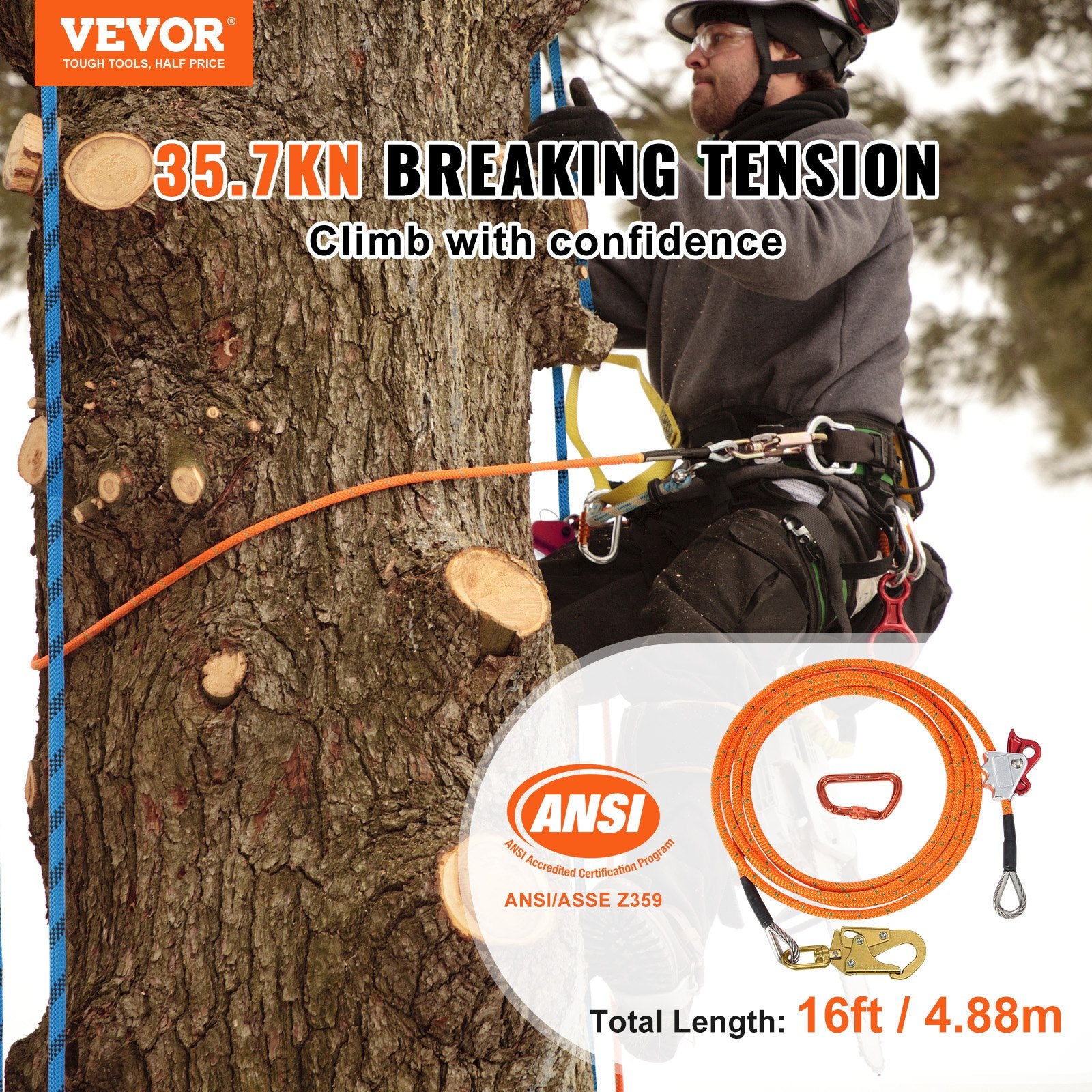 12.7mm Steel Core Flipline, 16ft(4.8m)Arborist Flipline for Tree Climbing with Alloy Steel Snap Hook & Aluminum Alloy Carabiner, 30KN Breaking Tension for Fall Protection, Tree Climber