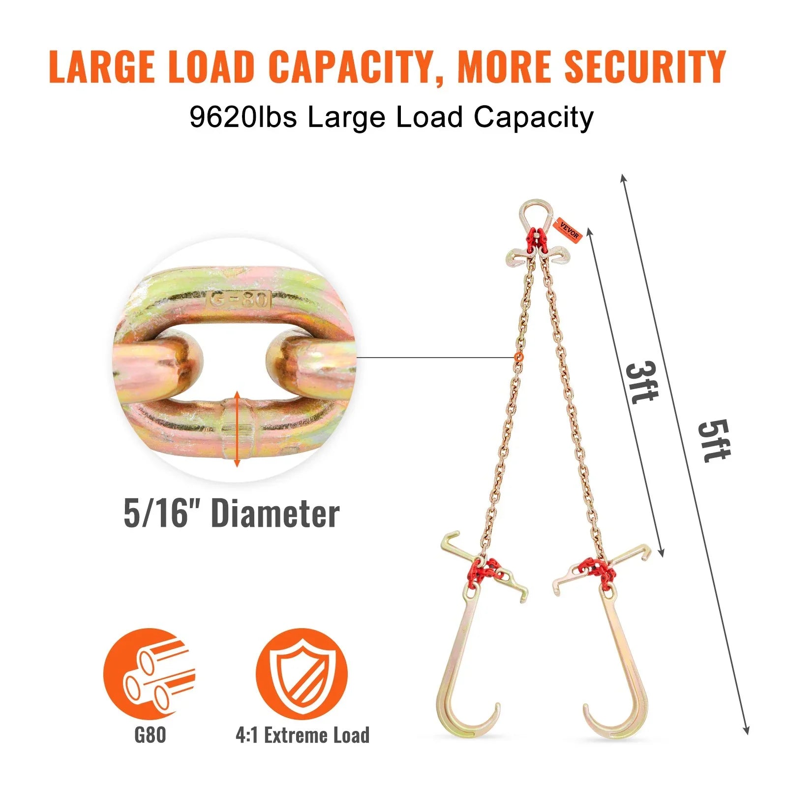 V-Chain Bridle, 4364 kg Working Load Limit, 8 x 914.4 mm G80 Tow Chain with RTJ Cluster Hooks, DOT Certified, Galvanized Coating Manganese Steel & D-Shackle, for Lifting & Moving Activities