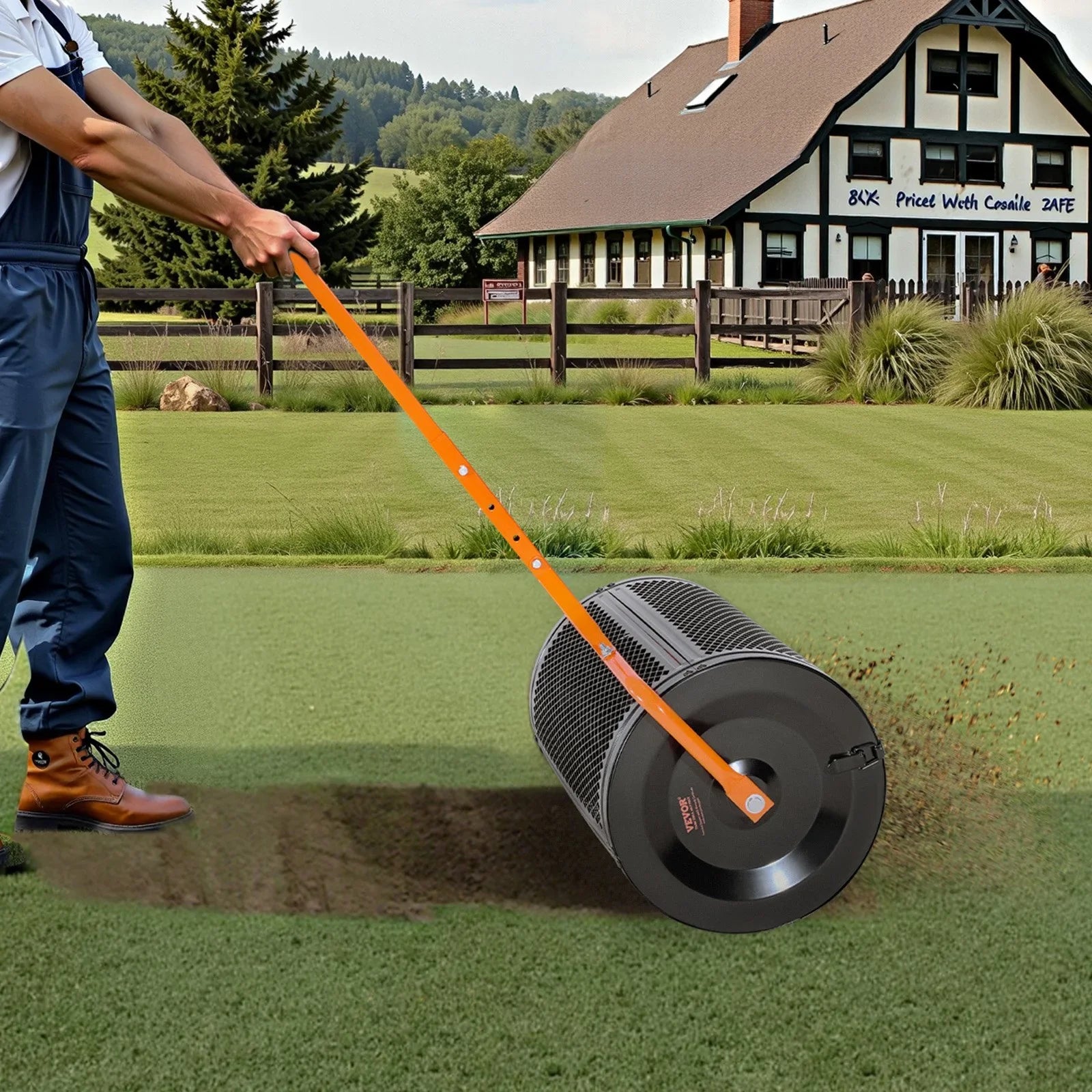 Compost Spreader, 24 in Wide Peat Moss Spreader with T Shaped Handle, 3 Heights Adjustable, Powder-Coated Steel Garden Peat Moss Roller, Heavy Duty Grass Seed Spreaders for Planting Seeding