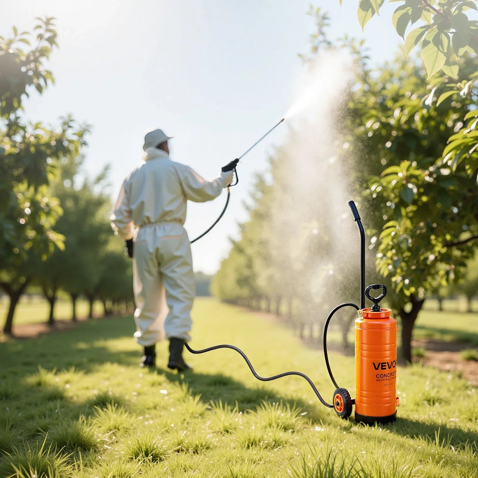 Industrial Concrete Sprayer with Wheeled Cart, 14L Stainless Steel Sprayer, Heavy Duty Tri-Poxy Pump Sprayers, 52cm Wand, 1.2m & 3m Hoses, 2 Brass Nozzles for Construction, Lawn & Garden