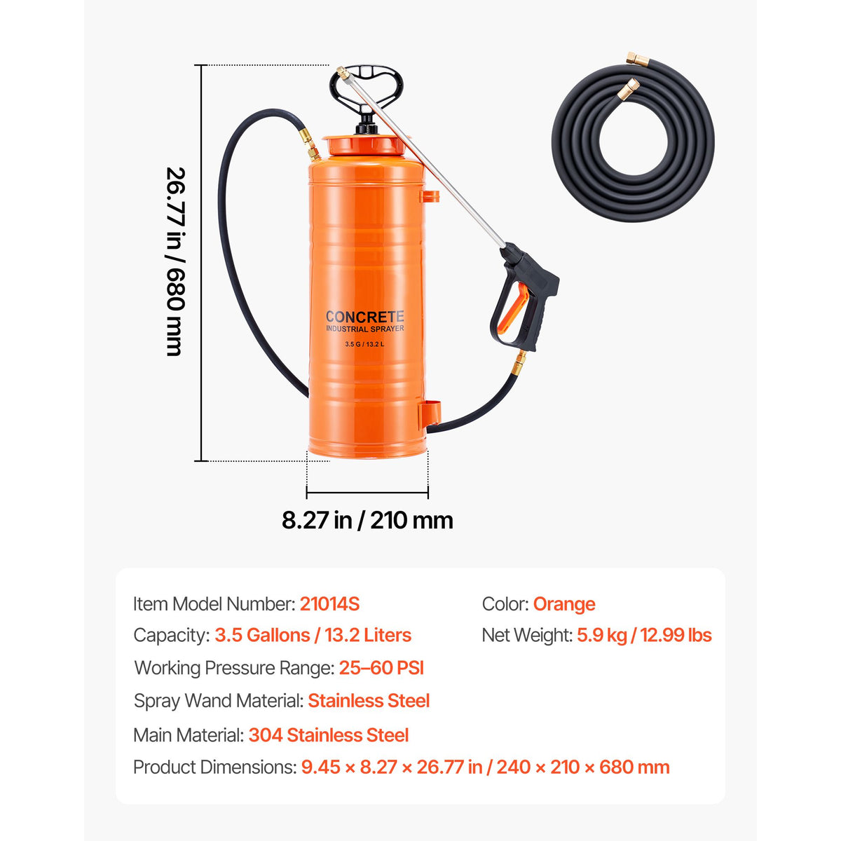 14L Stainless Steel Concrete Sprayer Industrial Pump Sprayer with Wand