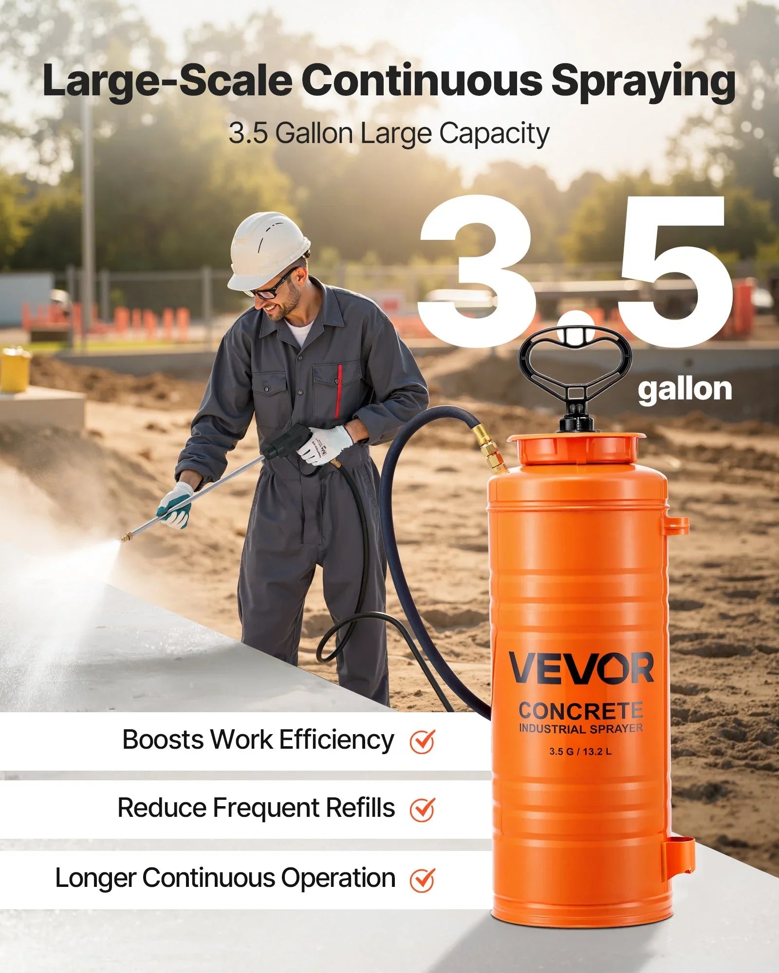 Industrial Concrete Sprayer, 14L Stainless Steel Sprayer, Heavy Duty Tri-Poxy Pump Sprayers, 52cm Wand with Ergonomic Gun Handle, 1.2m & 3m Hoses, 2 Brass Nozzles for Construction, Garden