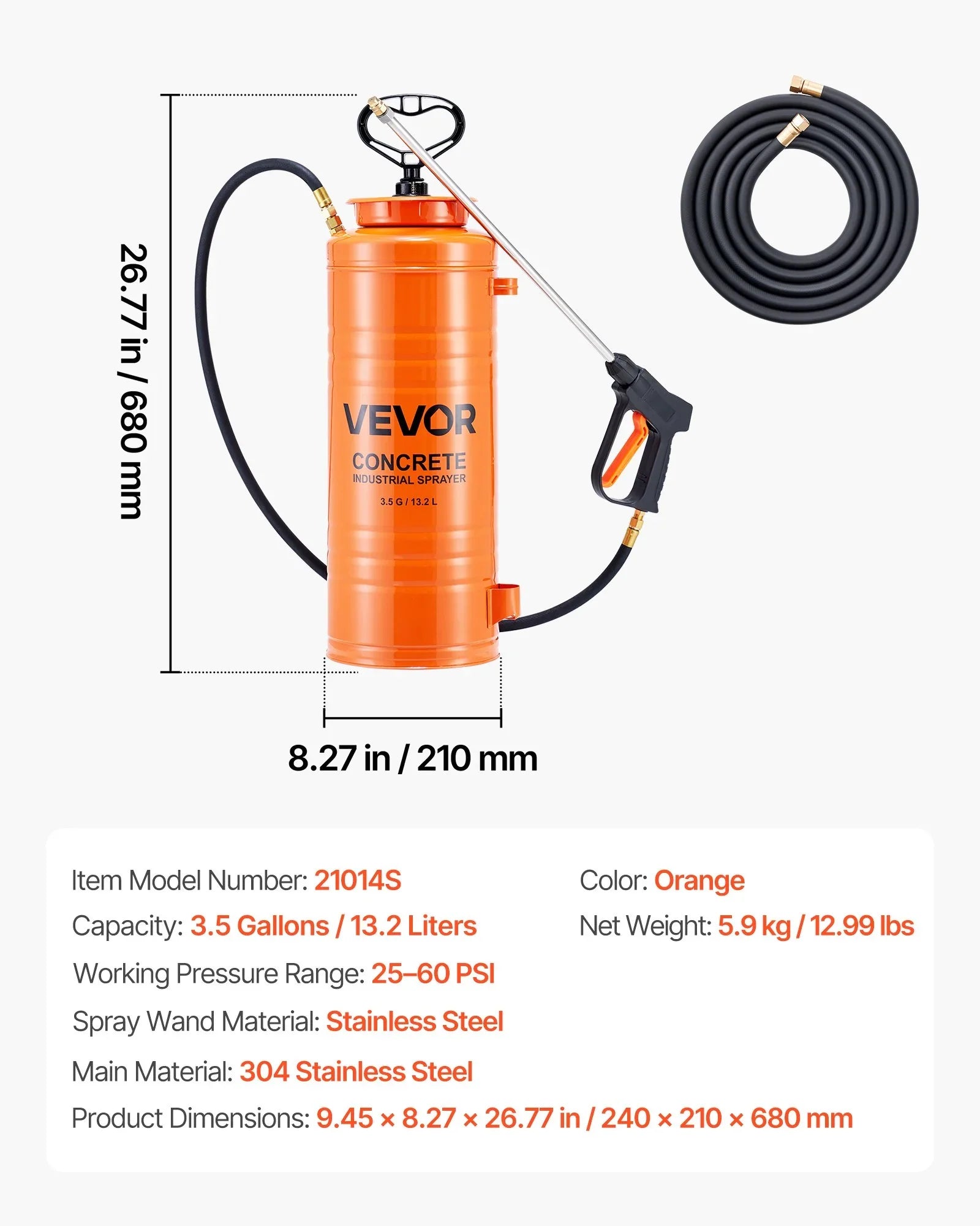 Industrial Concrete Sprayer, 14L Stainless Steel Sprayer, Heavy Duty Tri-Poxy Pump Sprayers, 52cm Wand with Ergonomic Gun Handle, 1.2m & 3m Hoses, 2 Brass Nozzles for Construction, Garden