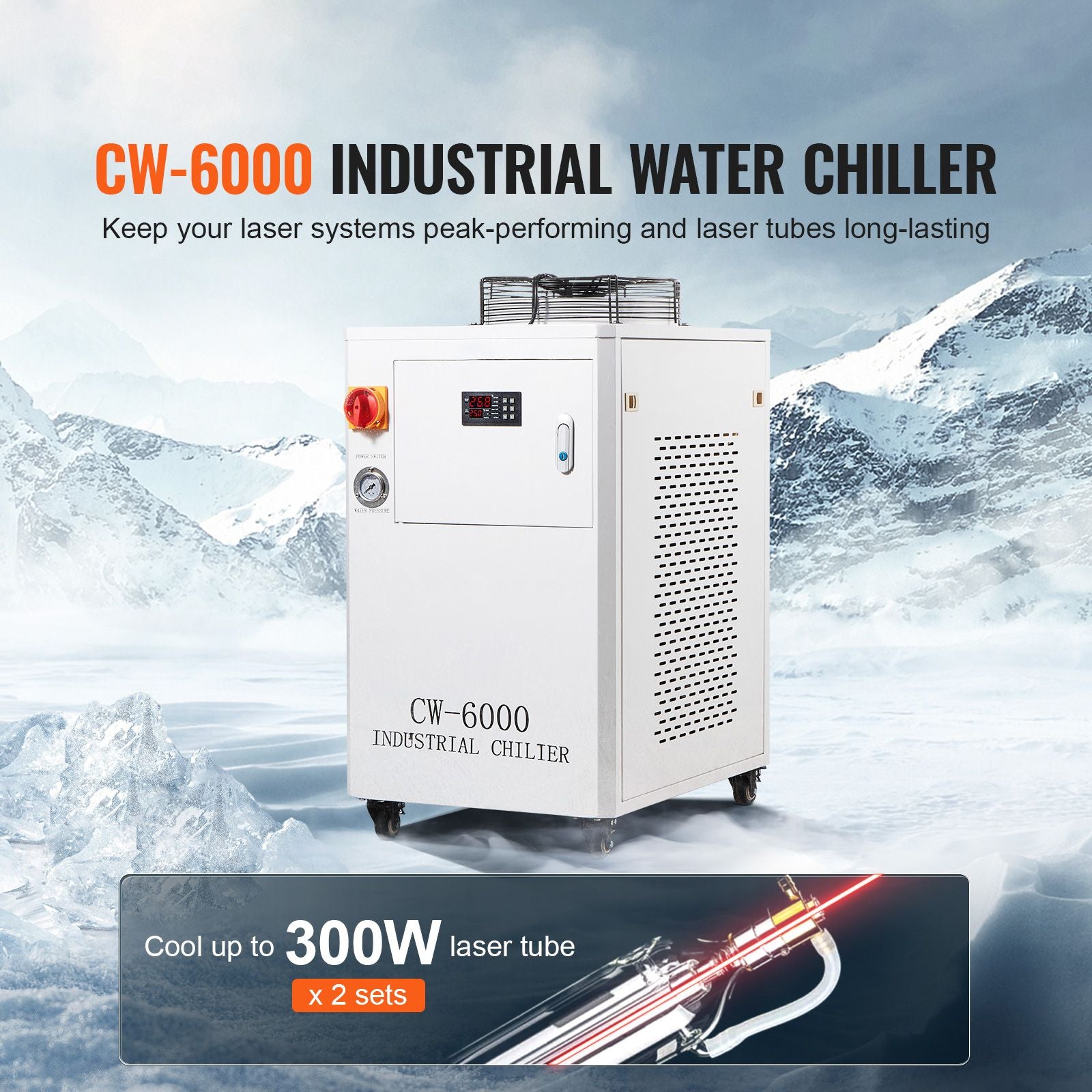 Industrial Water Chiller, CW6000, 1500W Industrial Water Cooler Cooling System with Compressor 15L Water Tank Capacity 65 L/min Max Flow Rate, for CO2 Laser Engraving Machine Cooling Machine