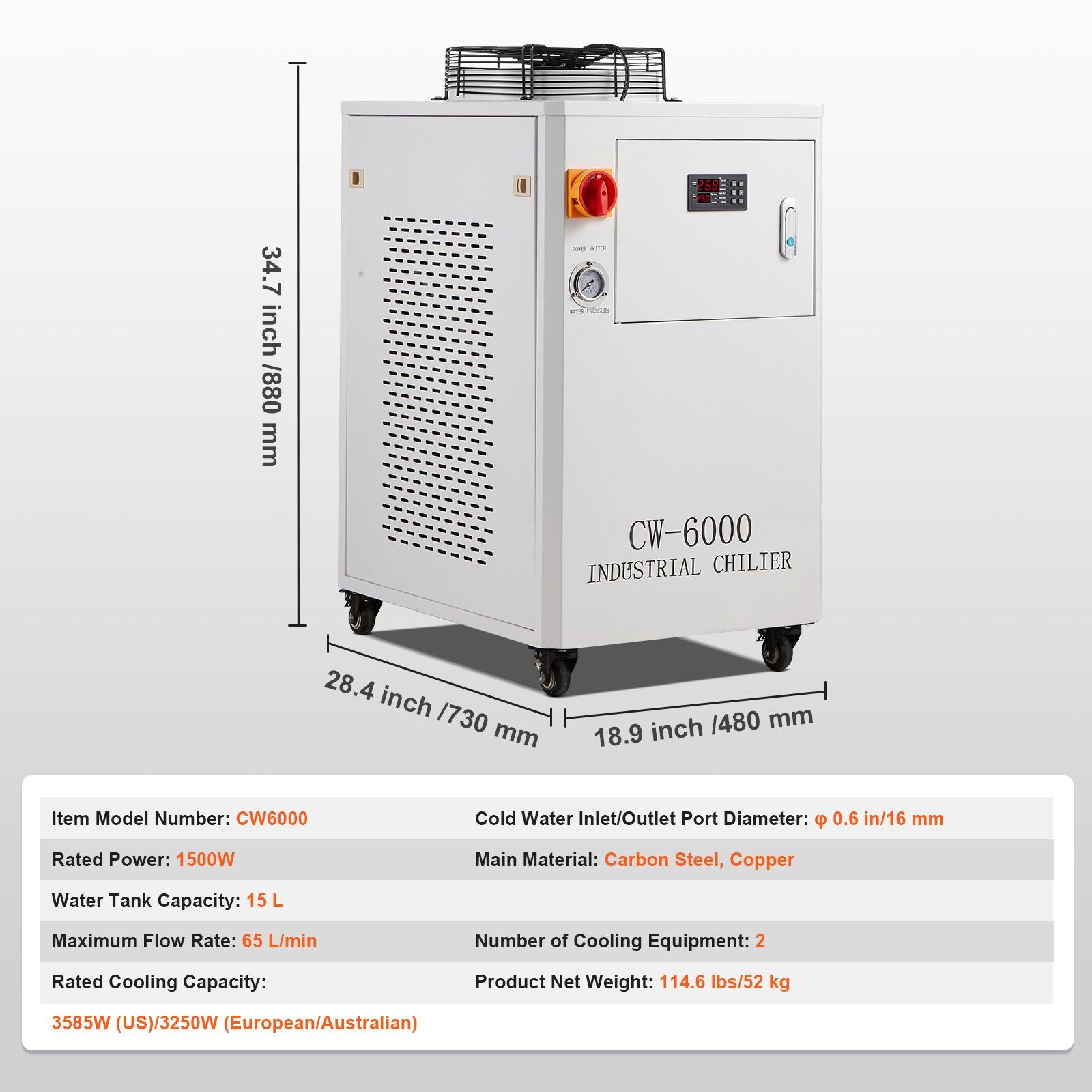 Industrial Water Chiller, CW6000, 1500W Industrial Water Cooler Cooling System with Compressor 15L Water Tank Capacity 65 L/min Max Flow Rate, for CO2 Laser Engraving Machine Cooling Machine