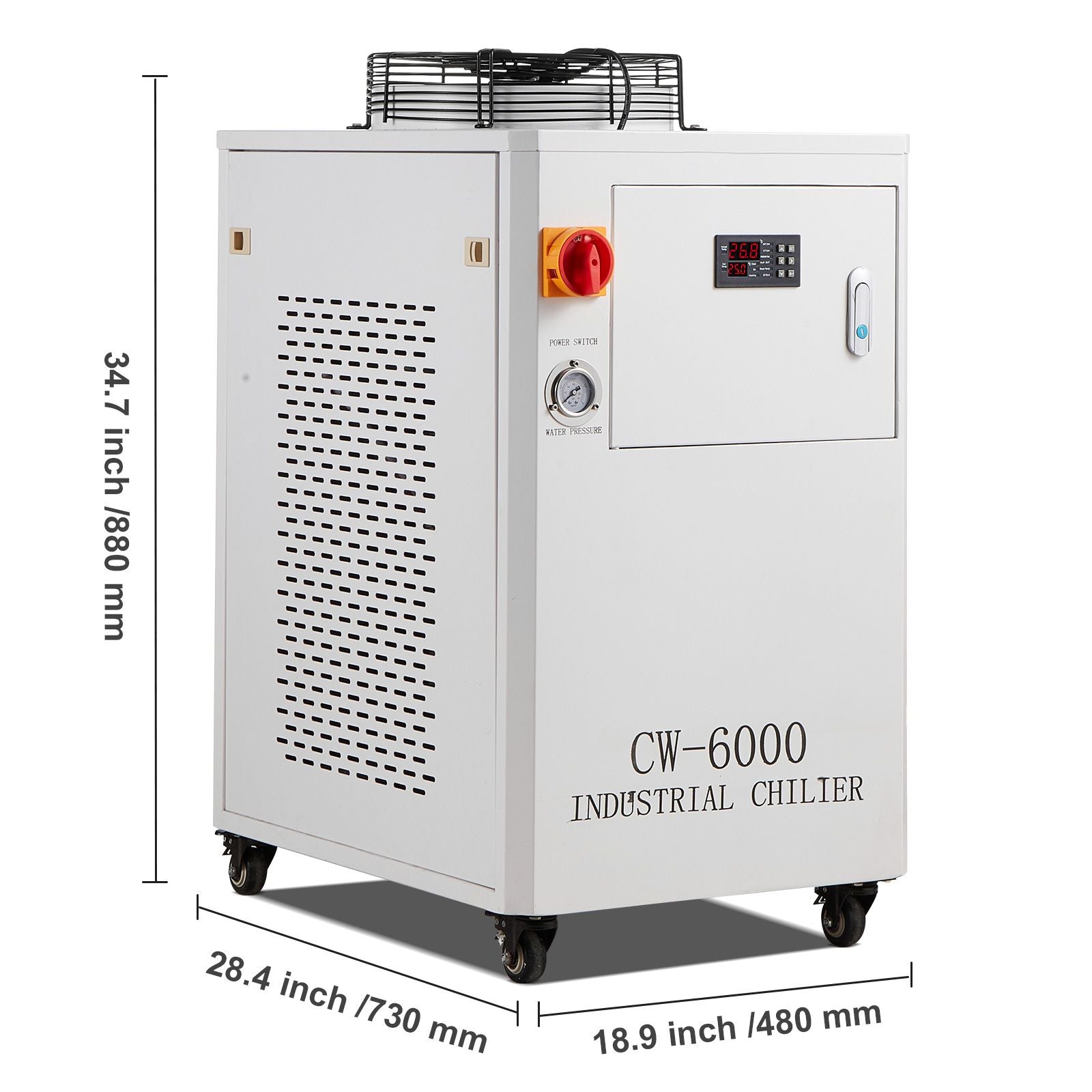 Industrial Water Chiller, CW6000, 1500W Industrial Water Cooler Cooling System with Compressor 15L Water Tank Capacity 65 L/min Max Flow Rate, for CO2 Laser Engraving Machine Cooling Machine