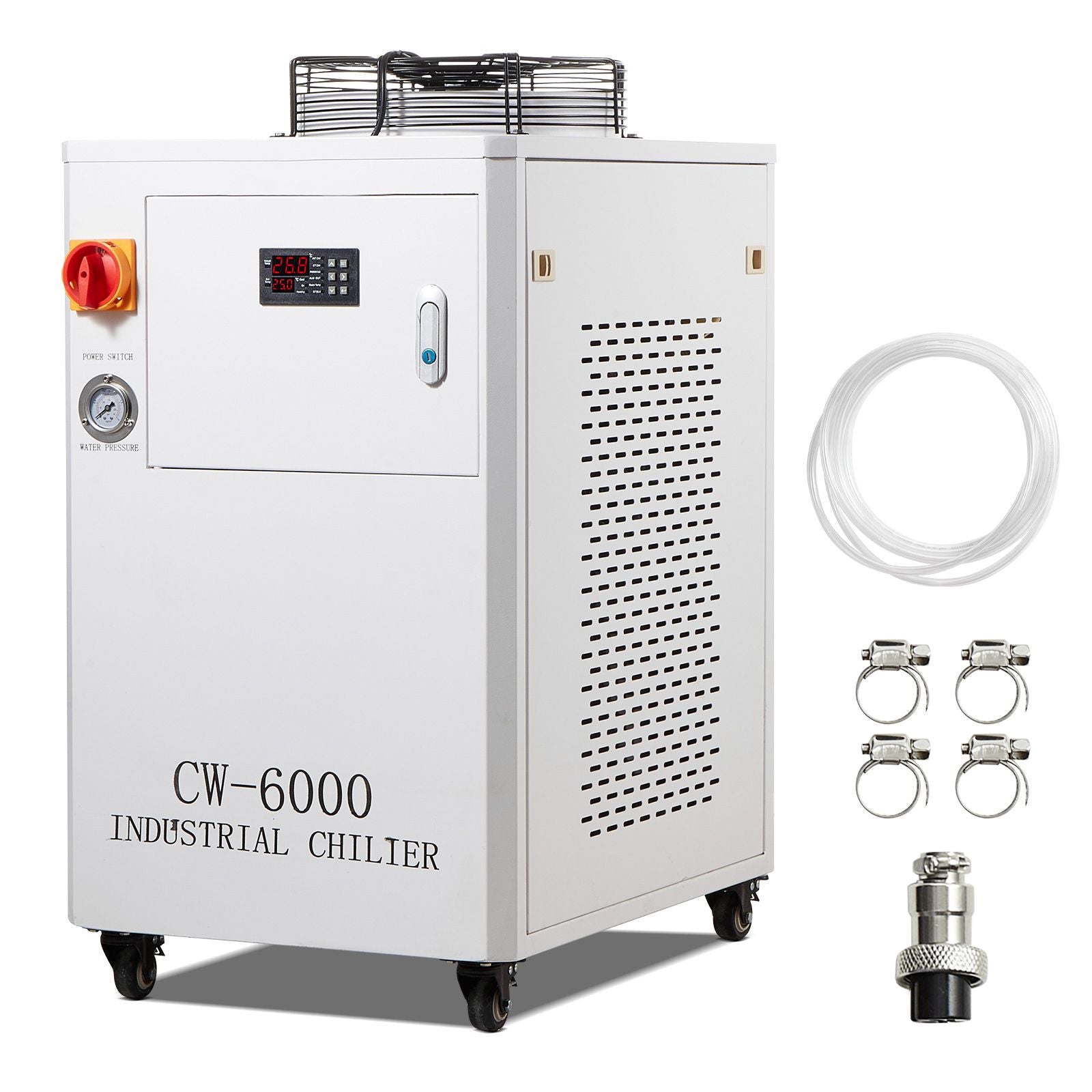 Industrial Water Chiller, CW6000, 1500W Industrial Water Cooler Cooling System with Compressor 15L Water Tank Capacity 65 L/min Max Flow Rate, for CO2 Laser Engraving Machine Cooling Machine