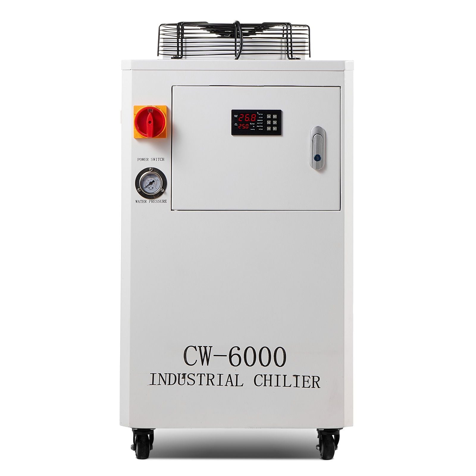 Industrial Water Chiller, CW6000, 1500W Industrial Water Cooler Cooling System with Compressor 15L Water Tank Capacity 65 L/min Max Flow Rate, for CO2 Laser Engraving Machine Cooling Machine