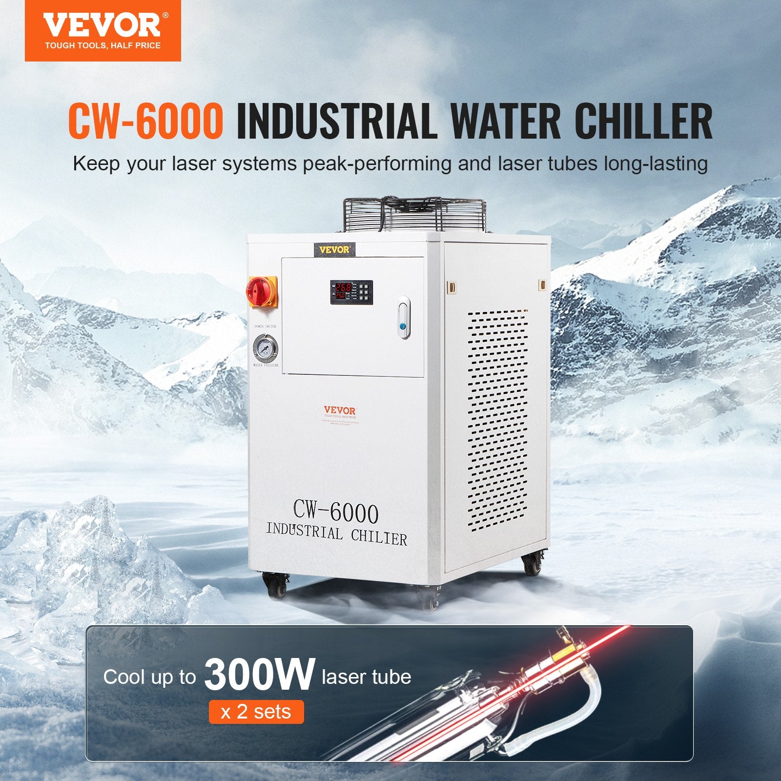Industrial Water Chiller, CW6000, 1500W Industrial Water Cooler Cooling System with Compressor 15L Water Tank Capacity 65 L/min Max Flow Rate, for CO2 Laser Engraving Machine Cooling Machine